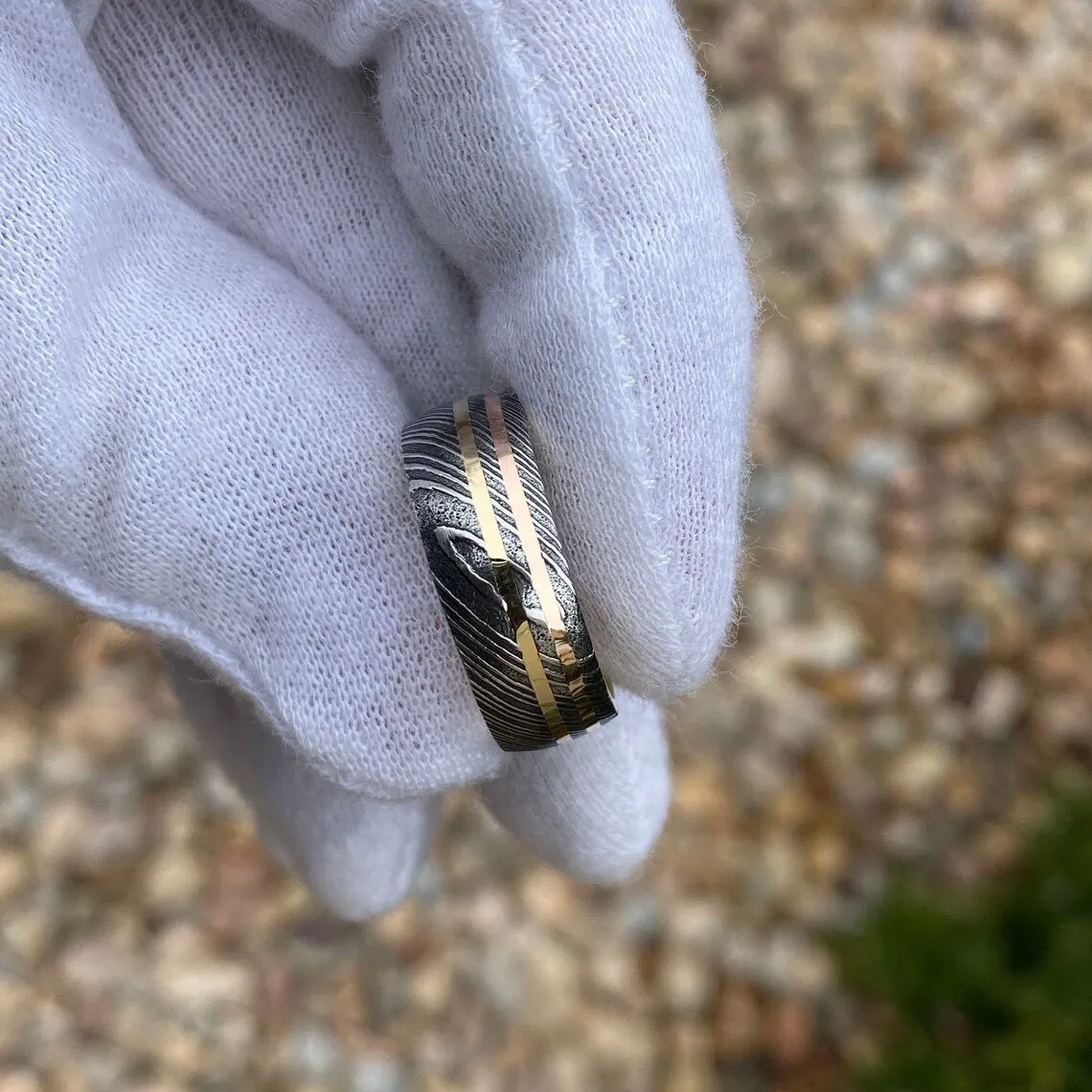 8mm Wide Damascus Steel Ring with Dual 14k Rose & Yellow Gold Off Center Grooves and a 14k Solid Gold Sleeve