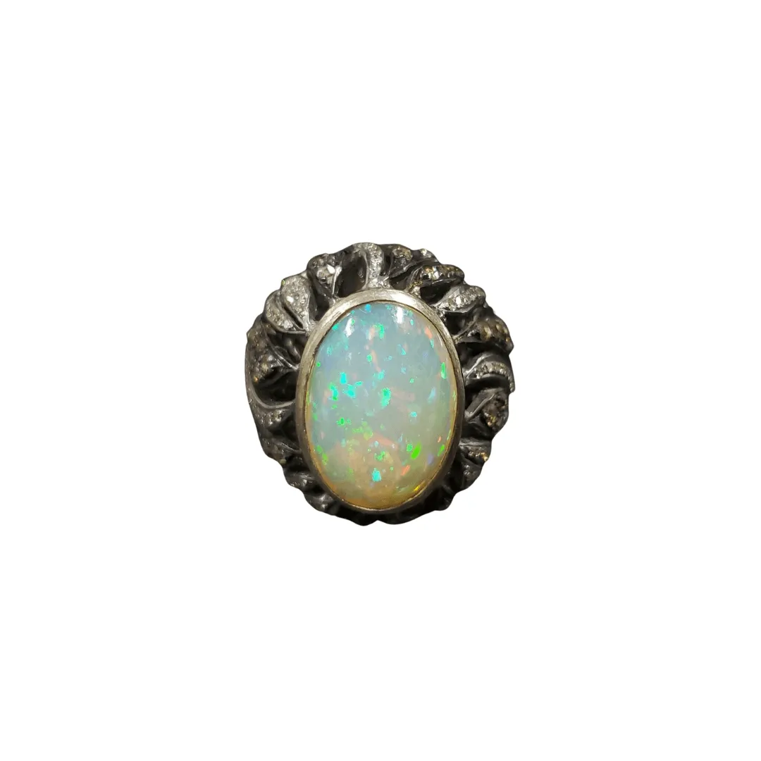 925 Silver Ethiopian Opal & Diamond Ring