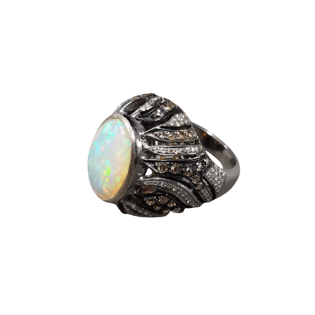 925 Silver Ethiopian Opal & Diamond Ring