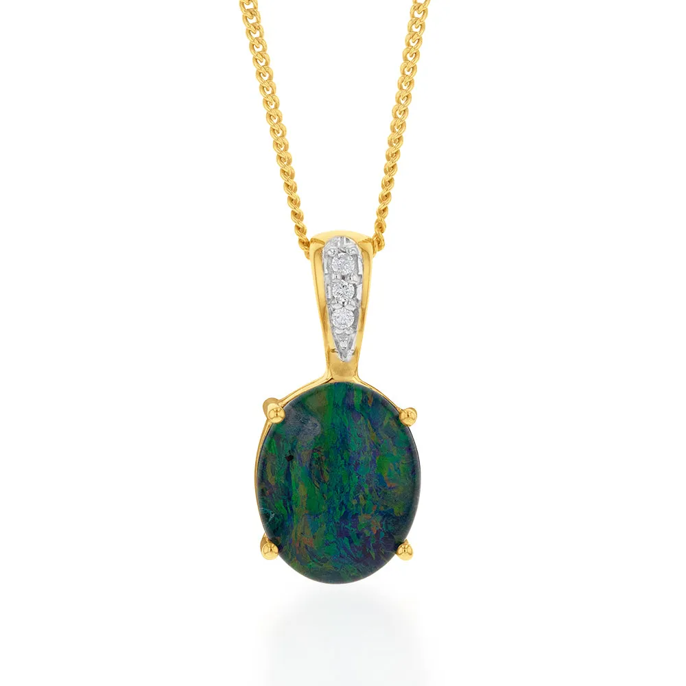 9ct Yellow Gold 11x9mm Oval Opal Diamond Set Pendant