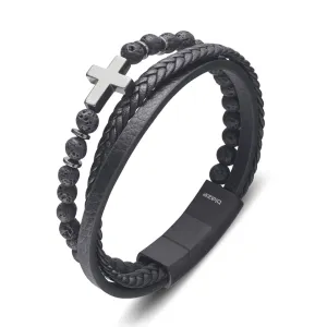 Achilles Cross Mens Leather Bracelet Black