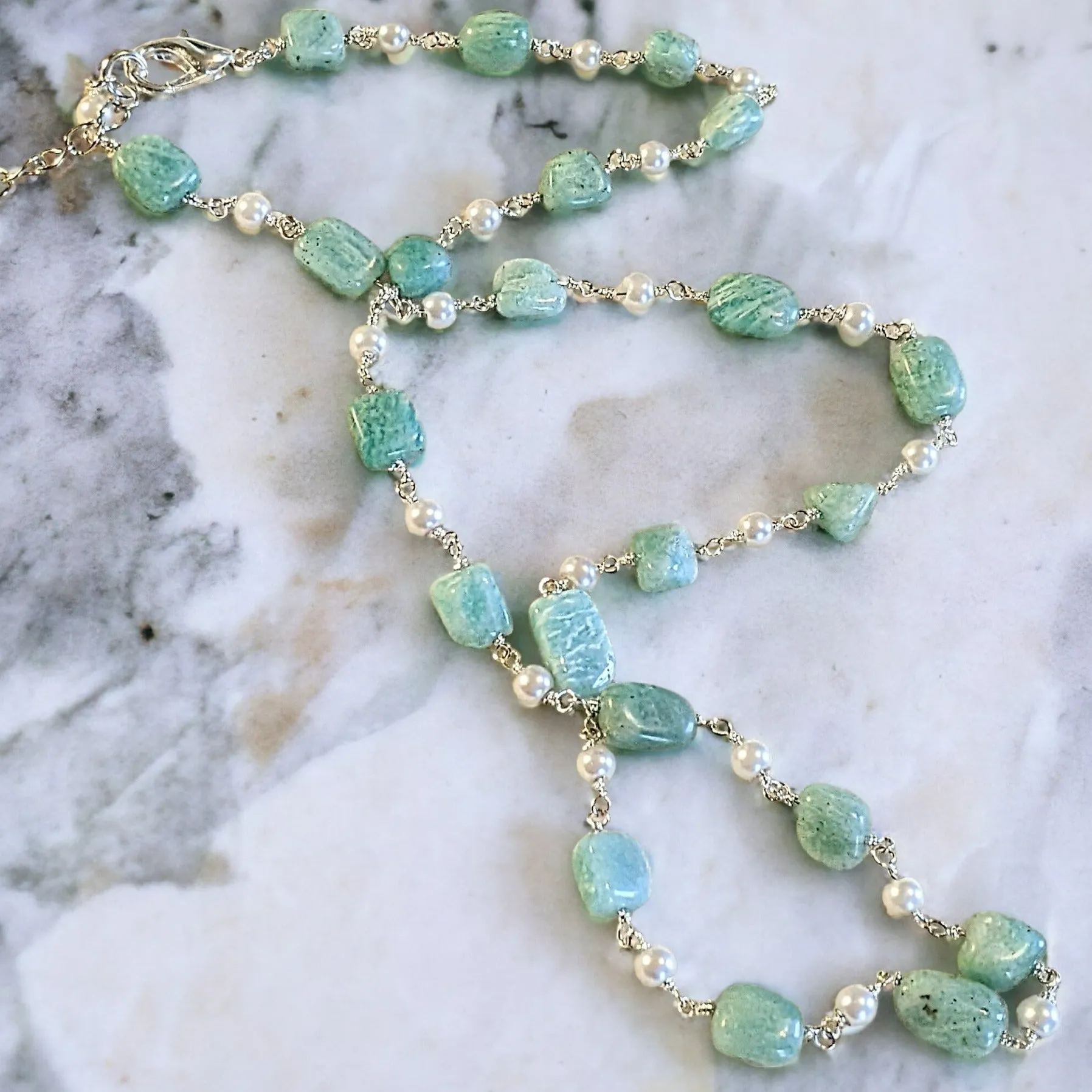 Amazonite Oval Bead and Pearl Necklace, 20 inch