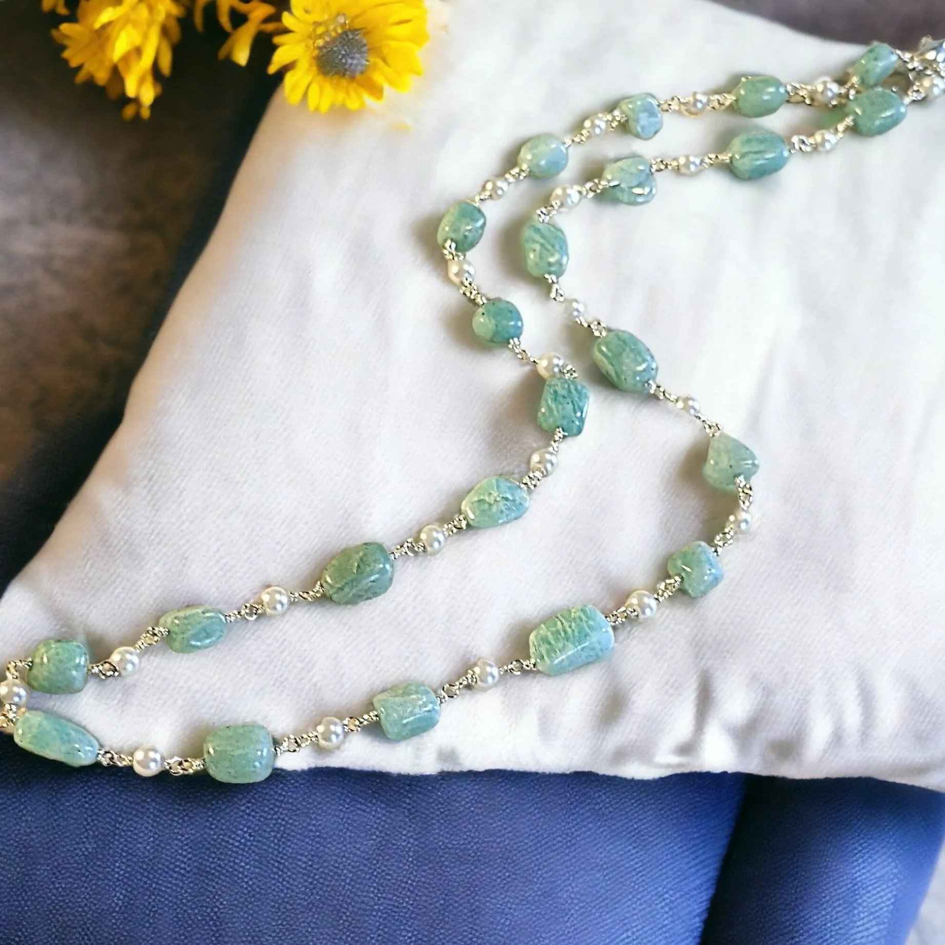 Amazonite Oval Bead and Pearl Necklace, 20 inch