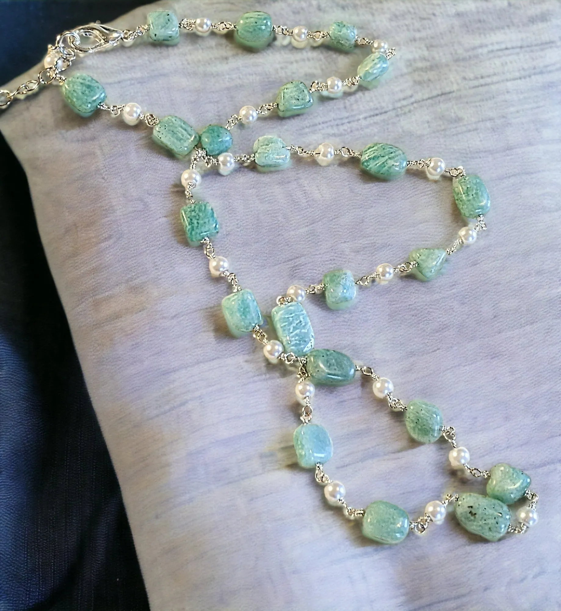 Amazonite Oval Bead and Pearl Necklace, 20 inch