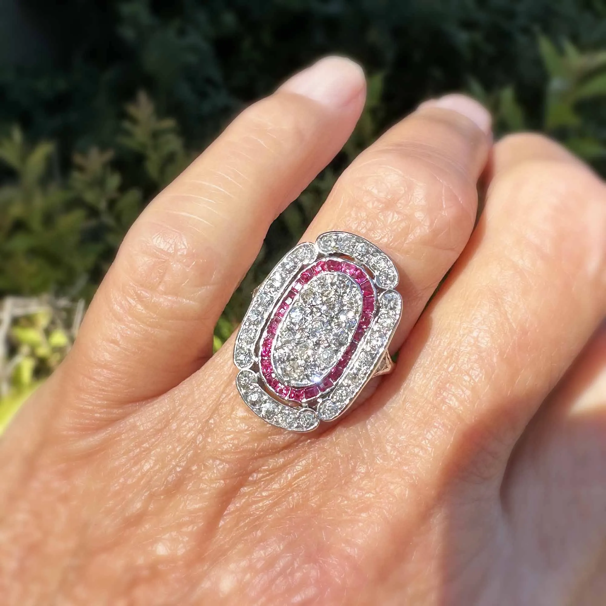 Antique Art Deco Platinum Ruby Halo Diamond Ring