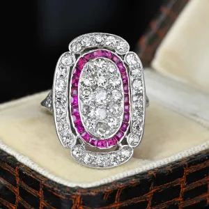 Antique Art Deco Platinum Ruby Halo Diamond Ring