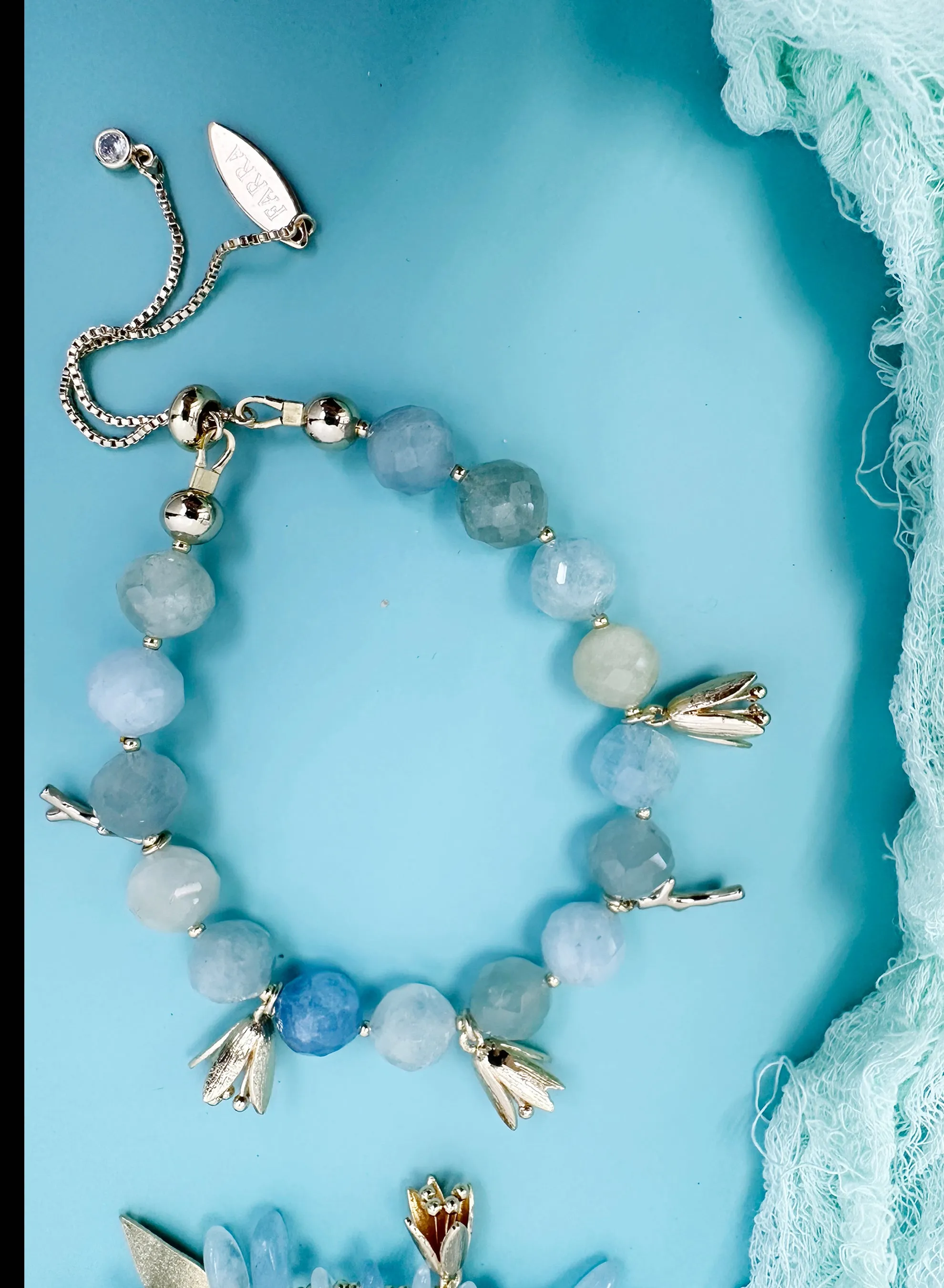 Aquamarine with Floral Charms Adjustable Bracelet JB014