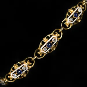 Art Nouveau 1.00 CTW Sapphire Cabochon, Diamond, and White Enamel Bracelet