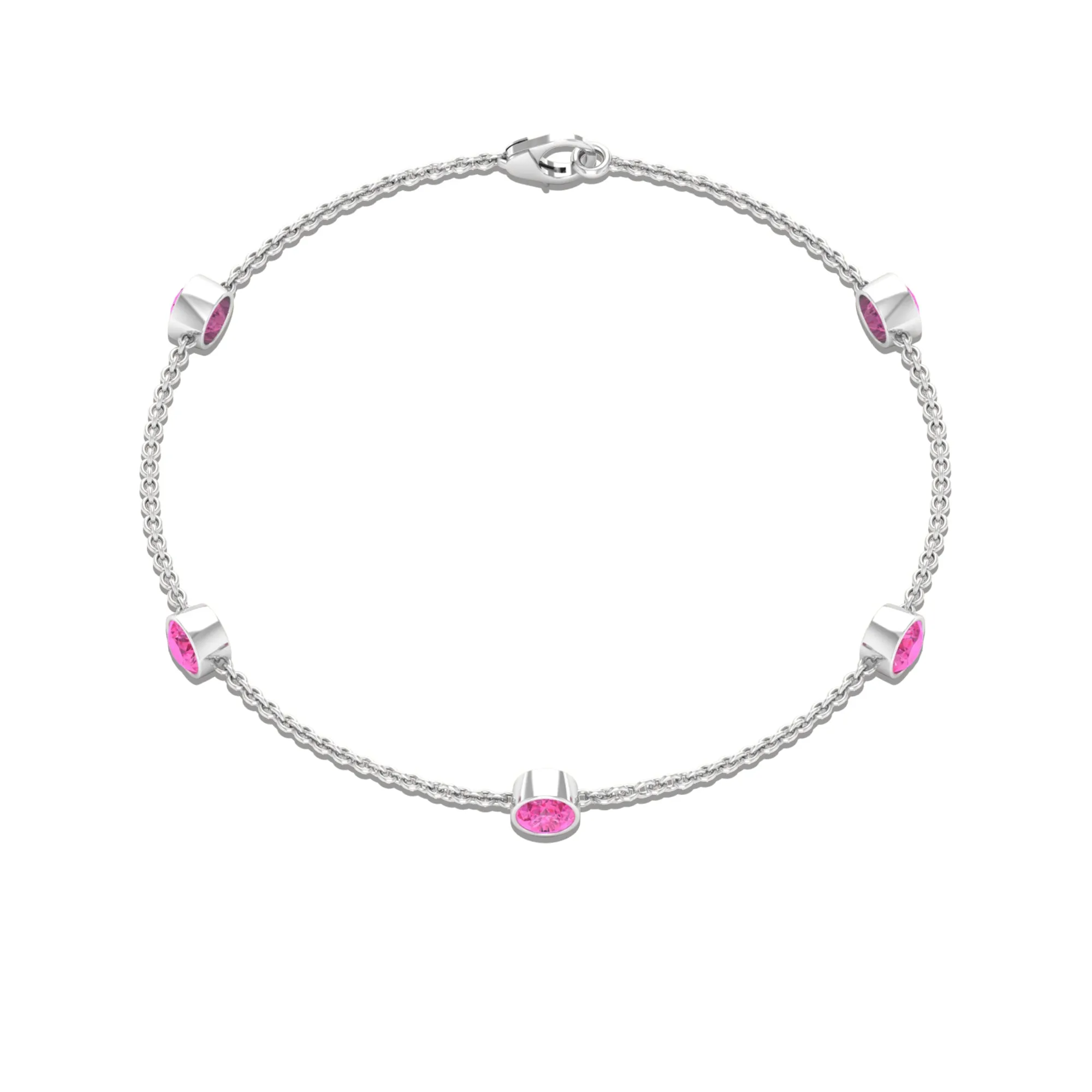 Bezel Set Pink Sapphire Five Stone Station Chain Bracelet