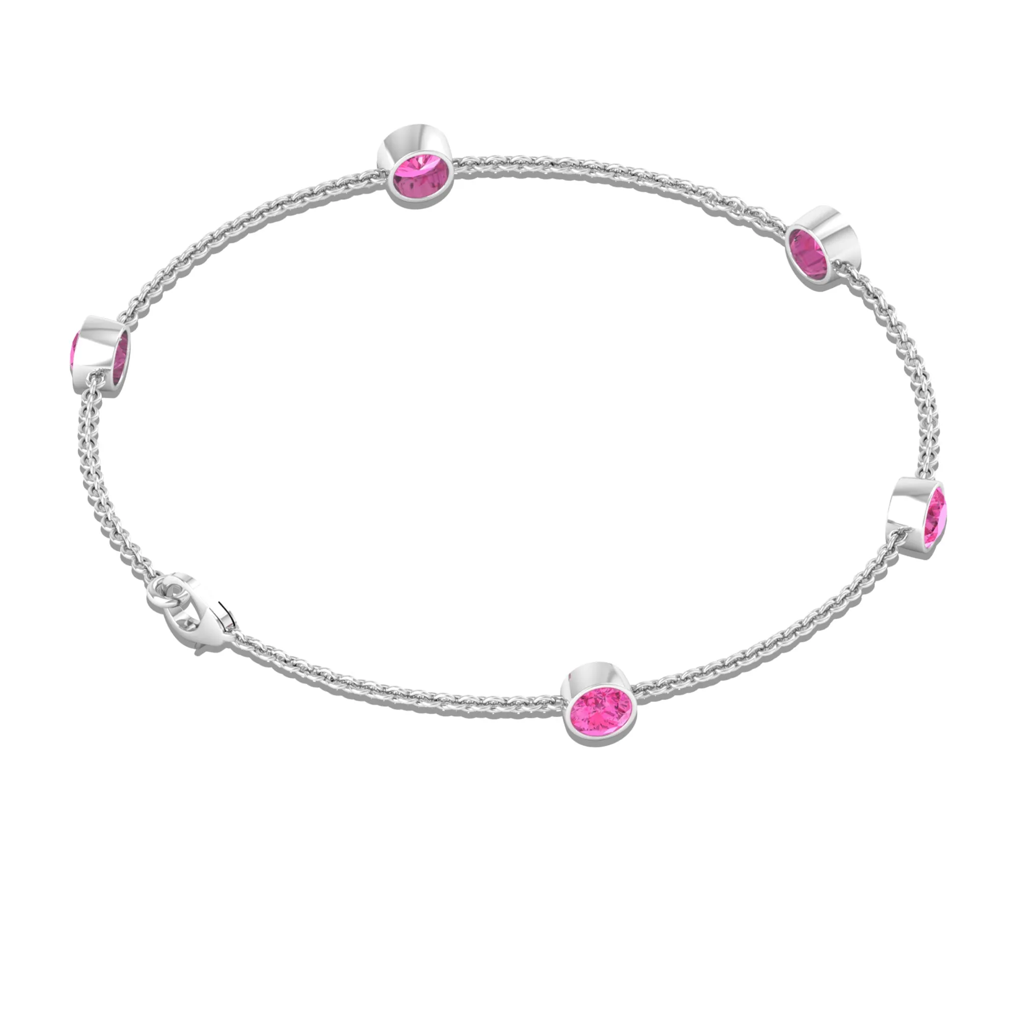 Bezel Set Pink Sapphire Five Stone Station Chain Bracelet