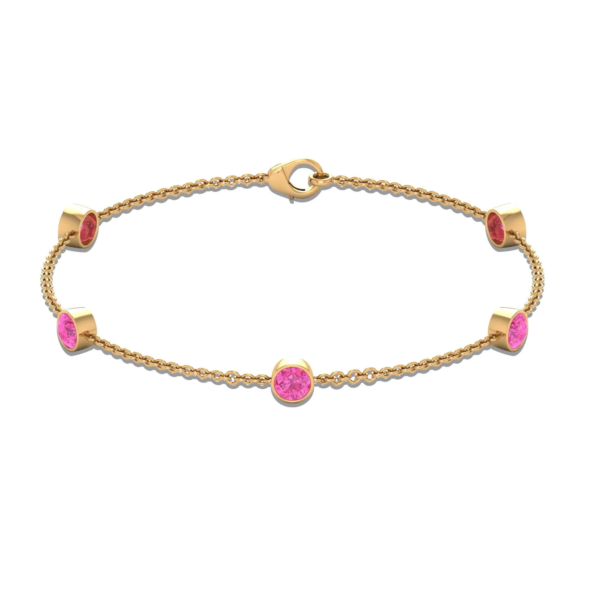 Bezel Set Pink Sapphire Five Stone Station Chain Bracelet