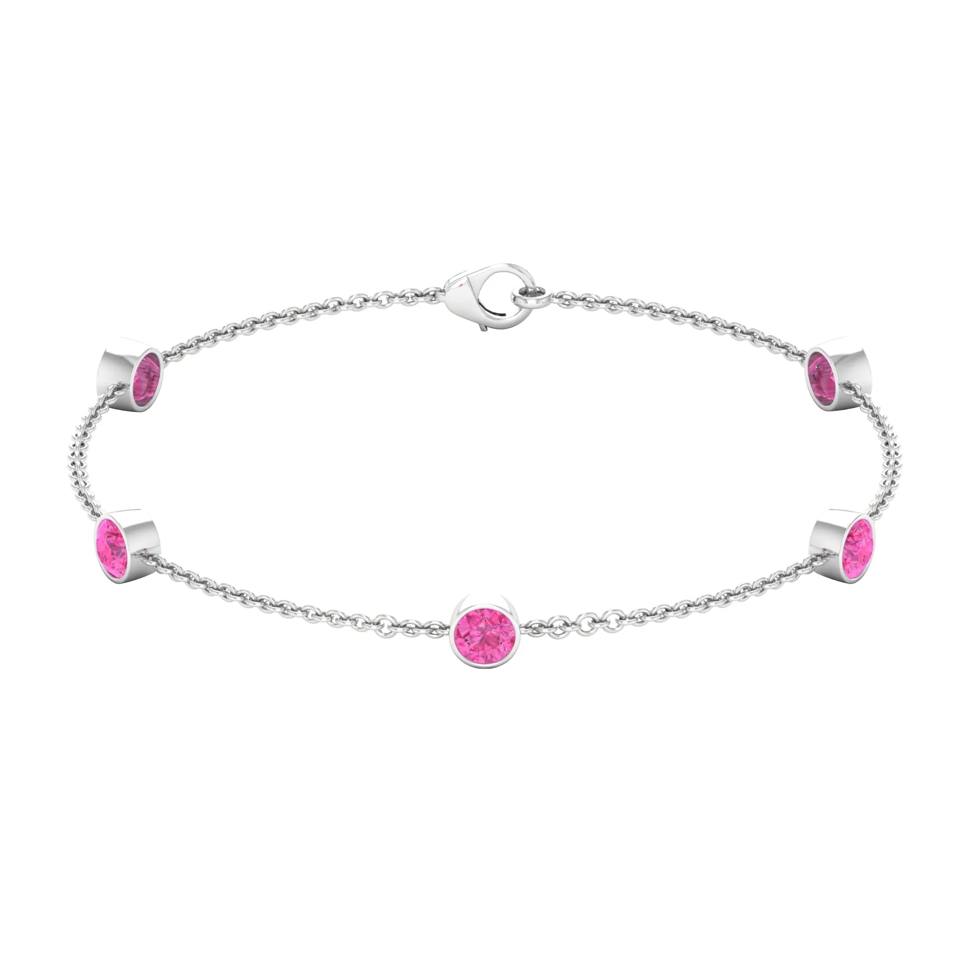 Bezel Set Pink Sapphire Five Stone Station Chain Bracelet