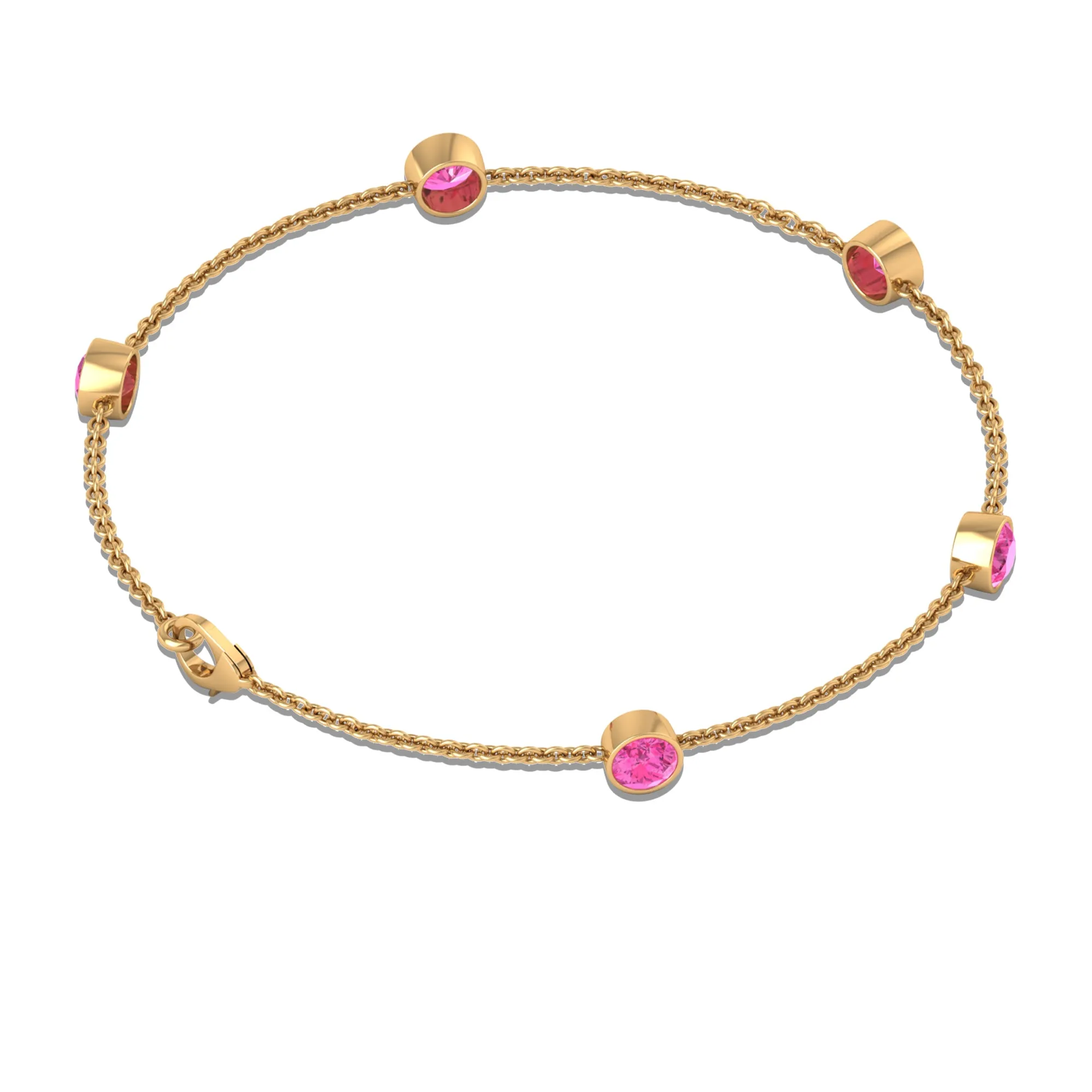 Bezel Set Pink Sapphire Five Stone Station Chain Bracelet