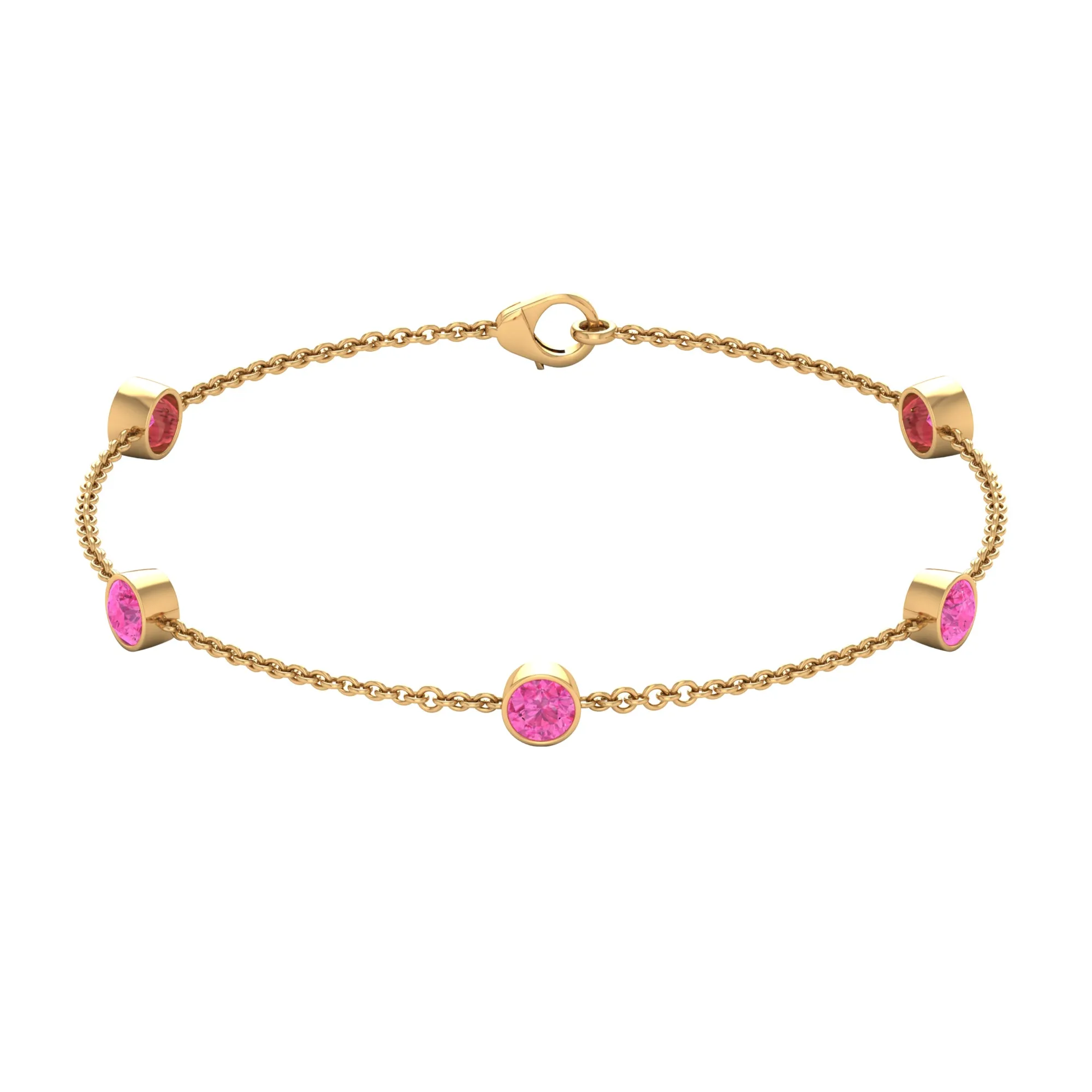 Bezel Set Pink Sapphire Five Stone Station Chain Bracelet