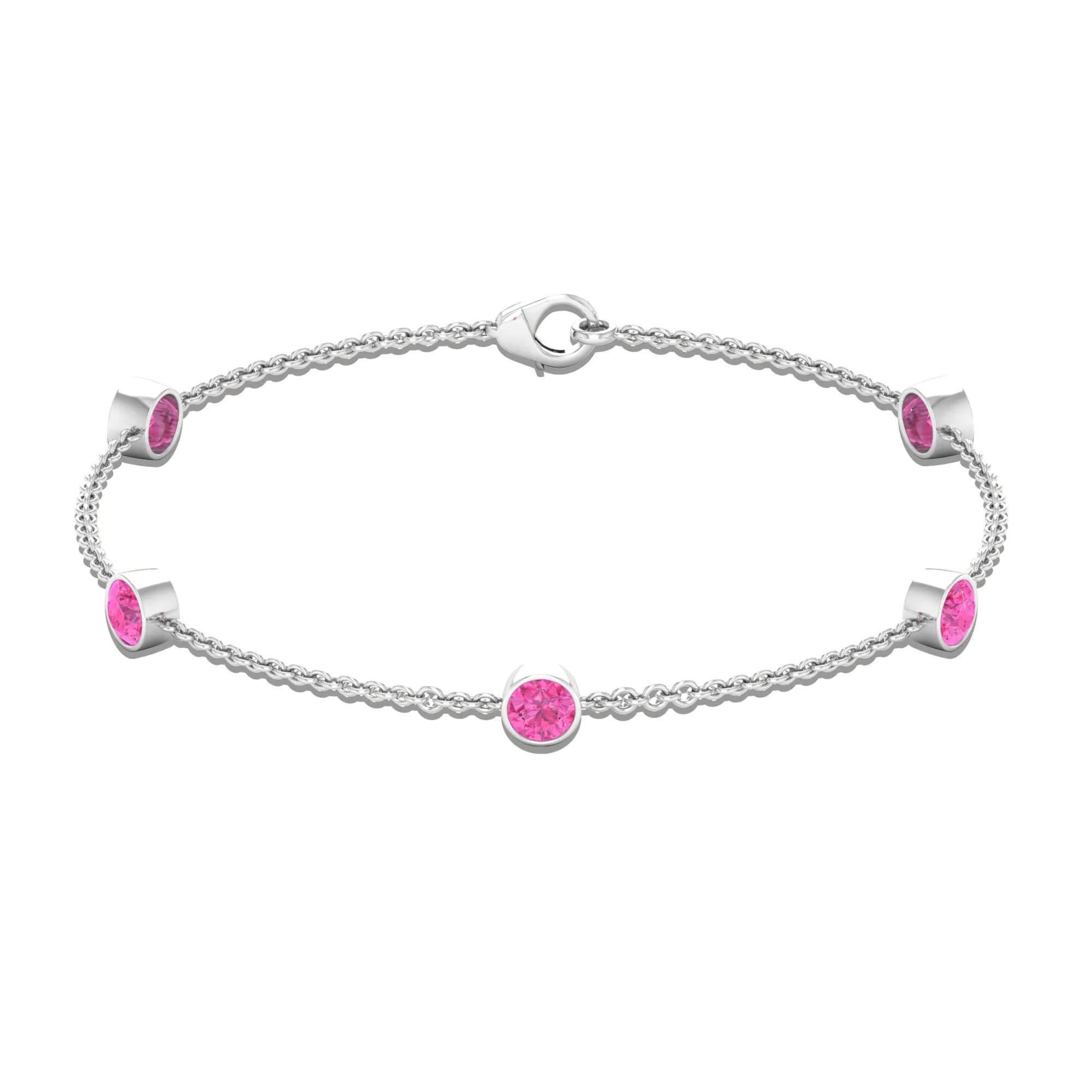 Bezel Set Pink Sapphire Five Stone Station Chain Bracelet