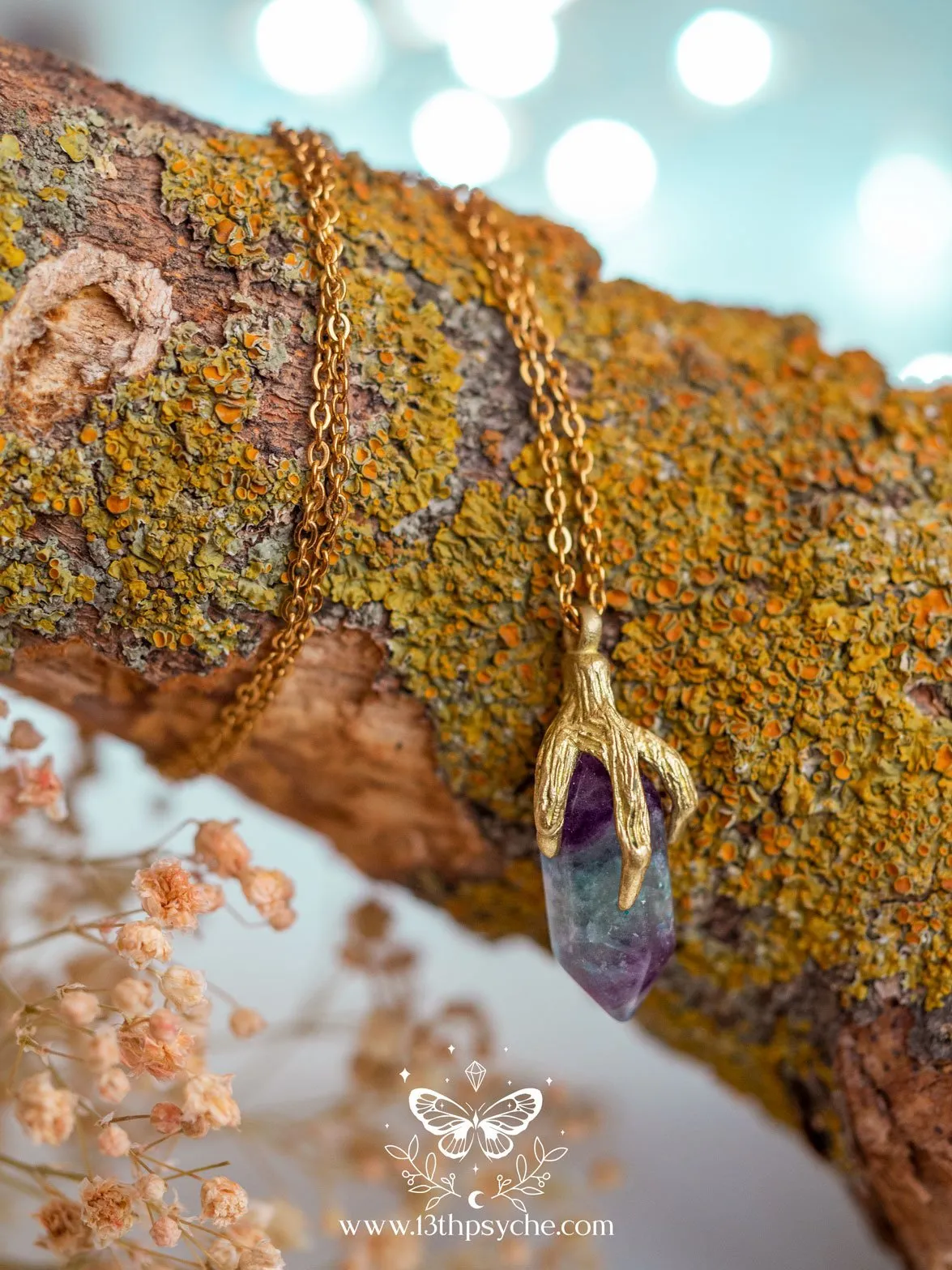 Bird claw and fluorite pendant necklace