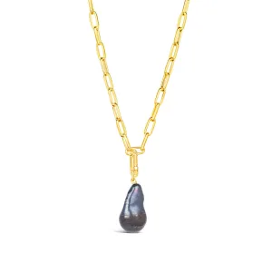 Black Baroque Pearl Paperclip Necklace | Gold