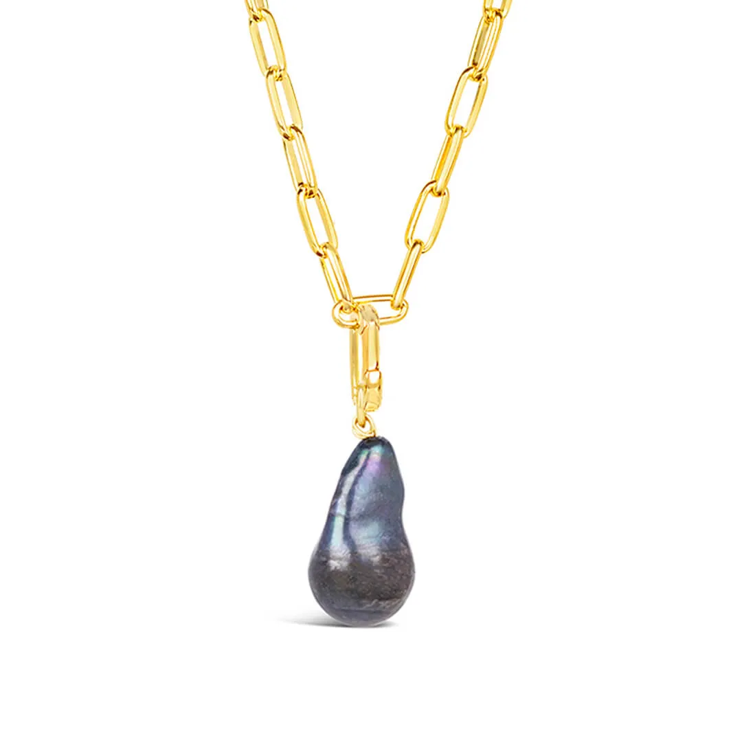 Black Baroque Pearl Paperclip Necklace | Gold