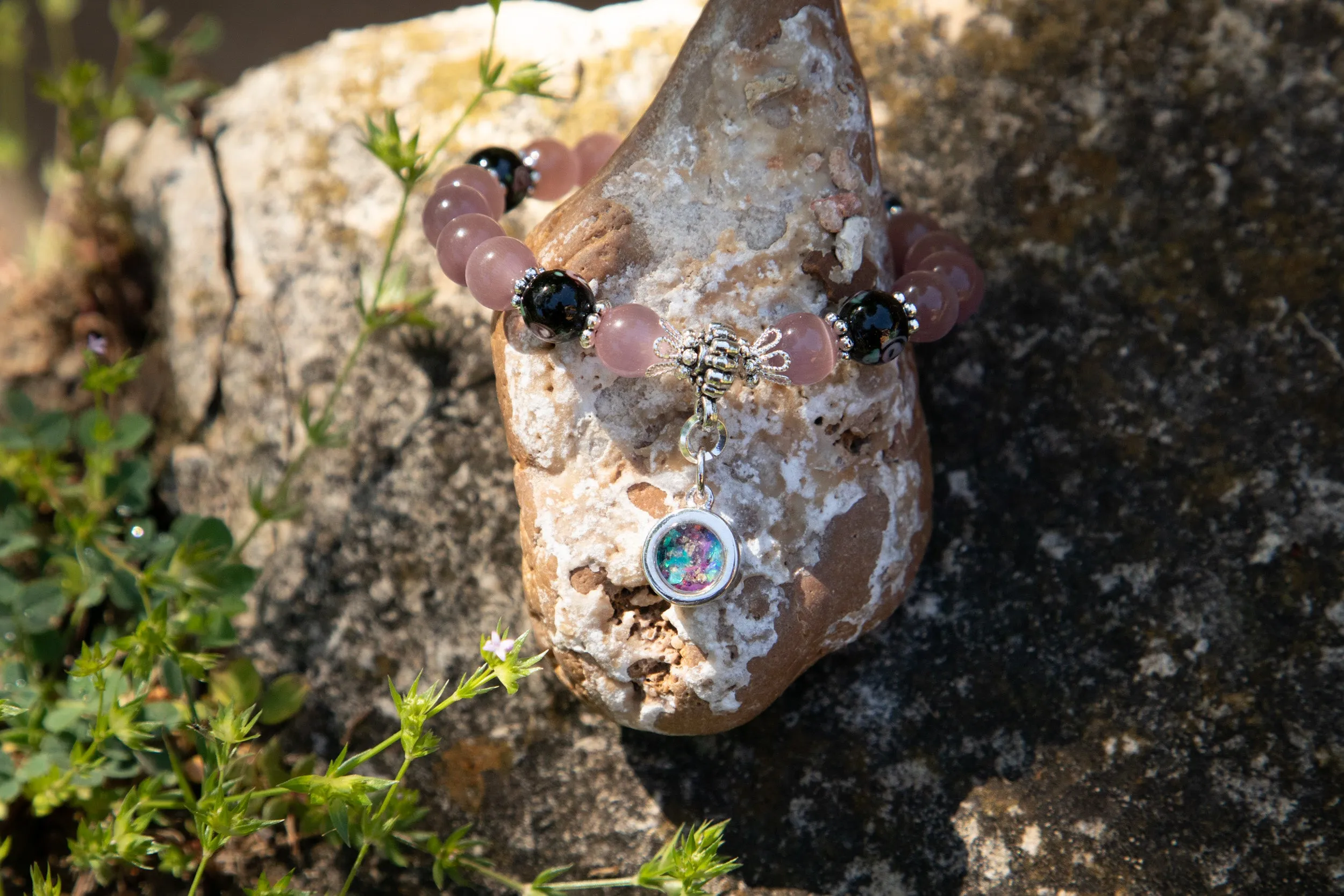 Black Flower and Glass Healing Bracelet with Cremation Ashes