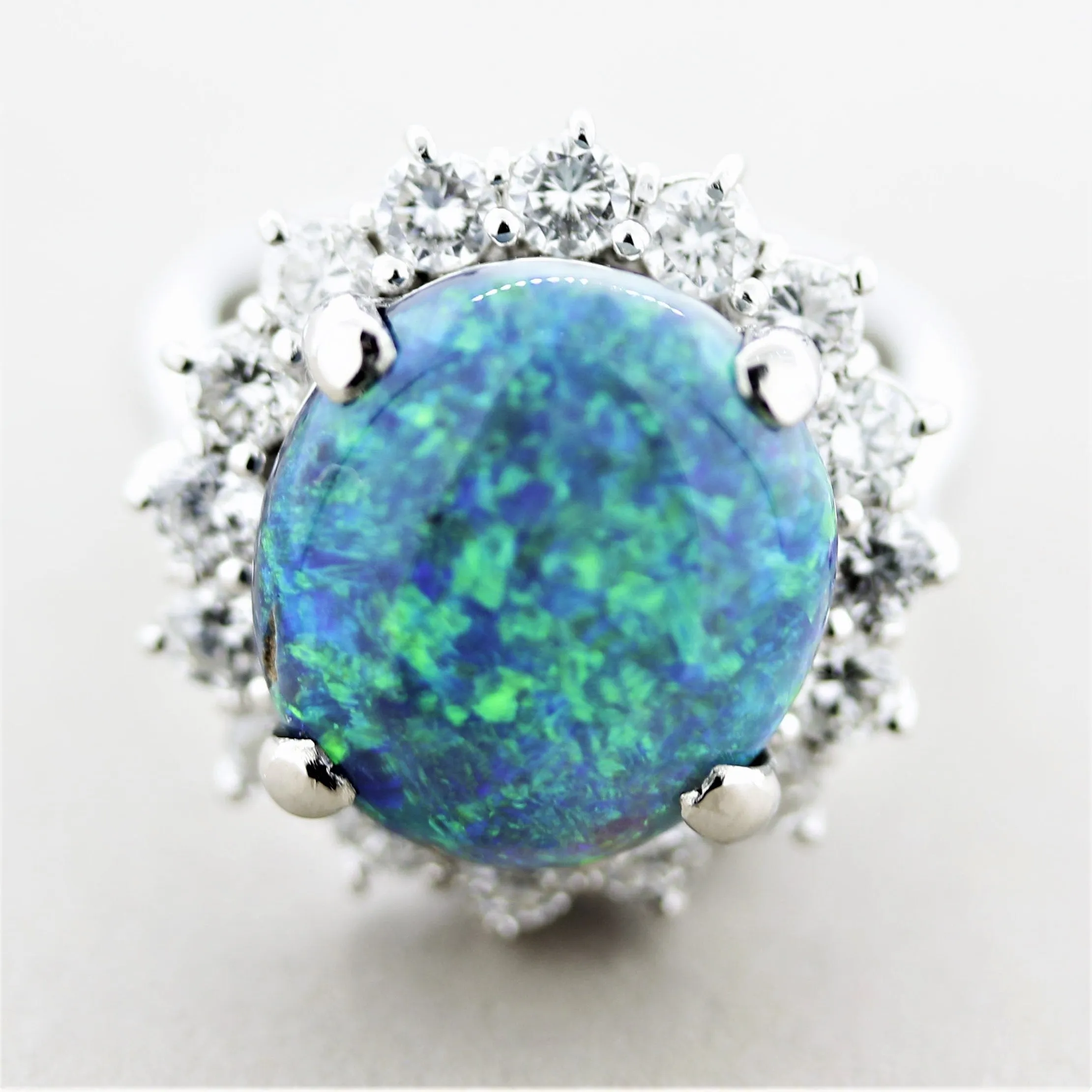 Blue-Green Australian Opal Diamond Halo Platinum Ring