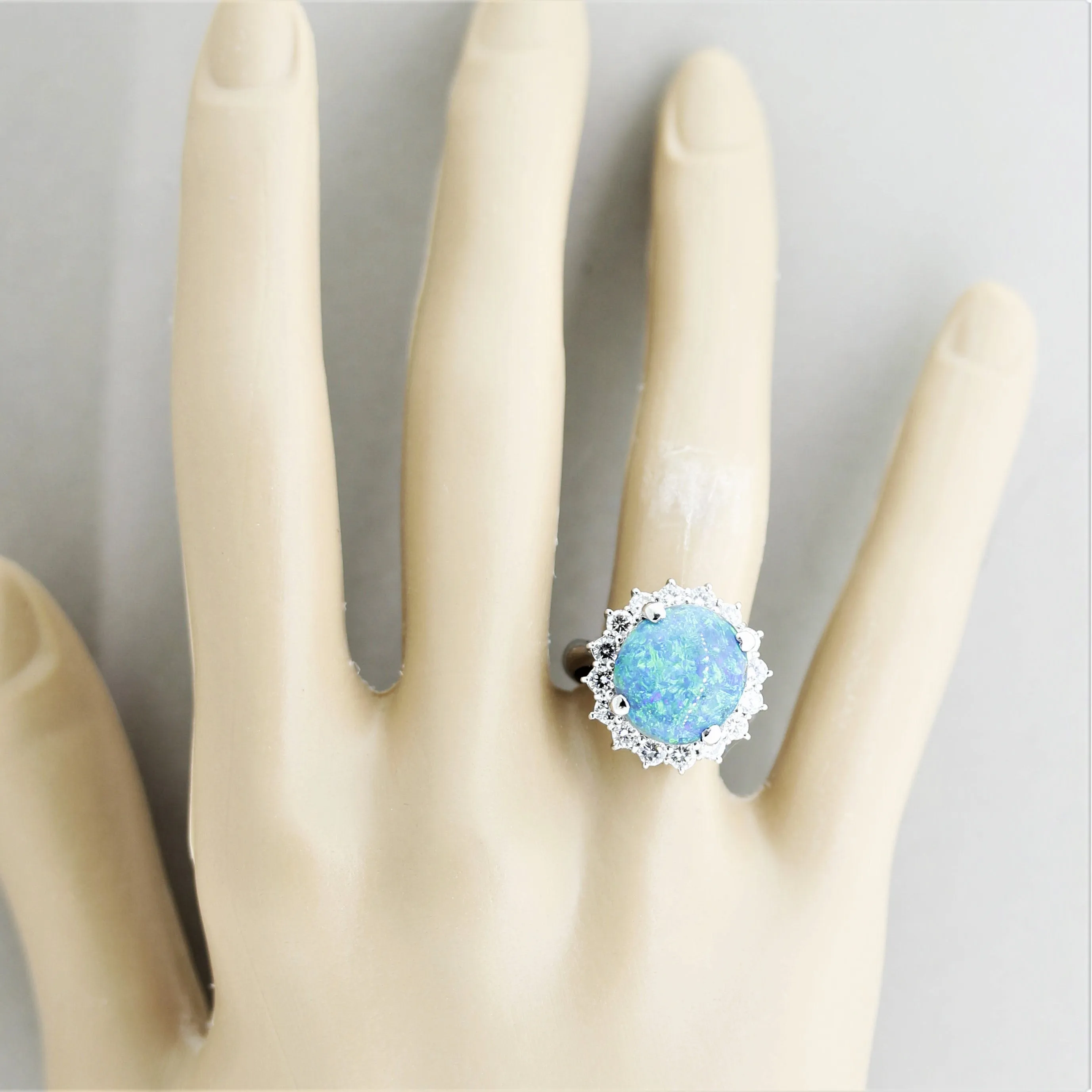 Blue-Green Australian Opal Diamond Halo Platinum Ring