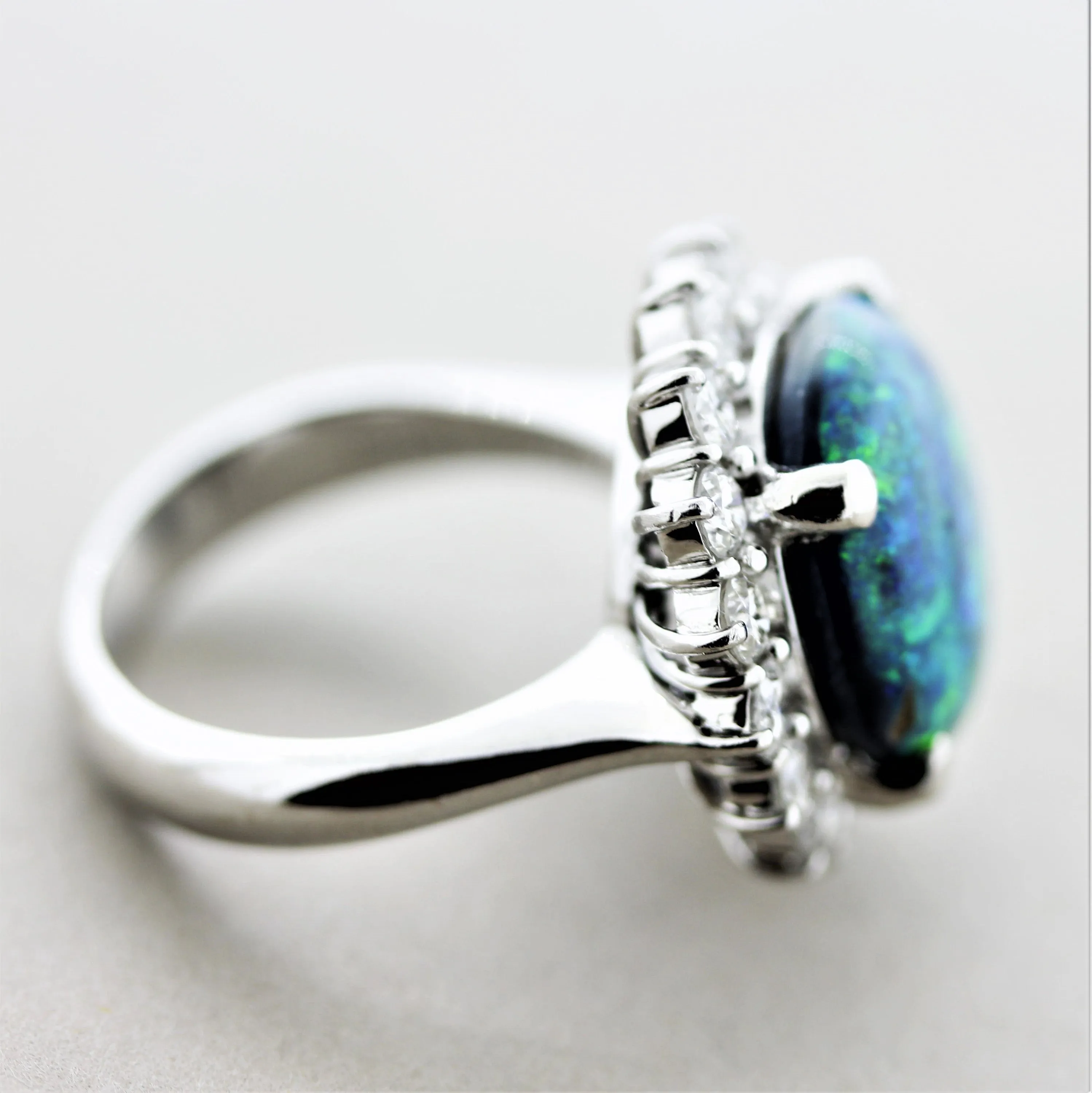 Blue-Green Australian Opal Diamond Halo Platinum Ring