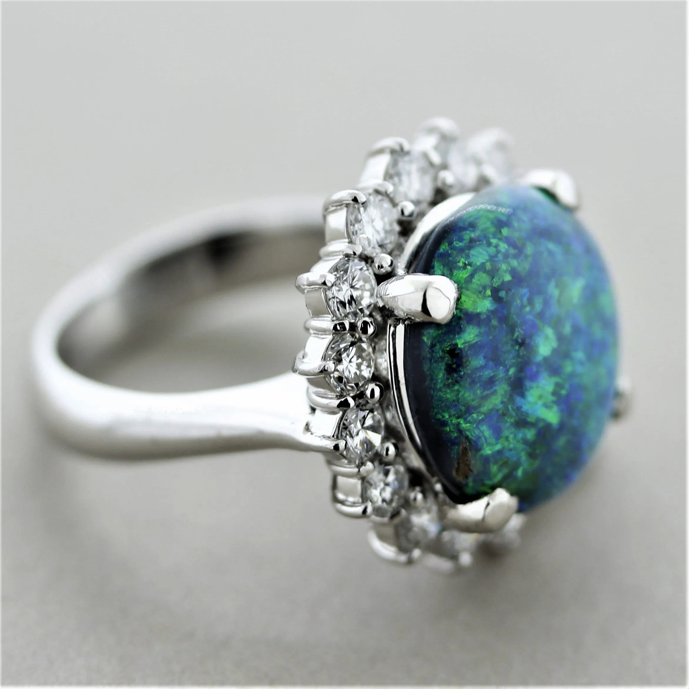 Blue-Green Australian Opal Diamond Halo Platinum Ring