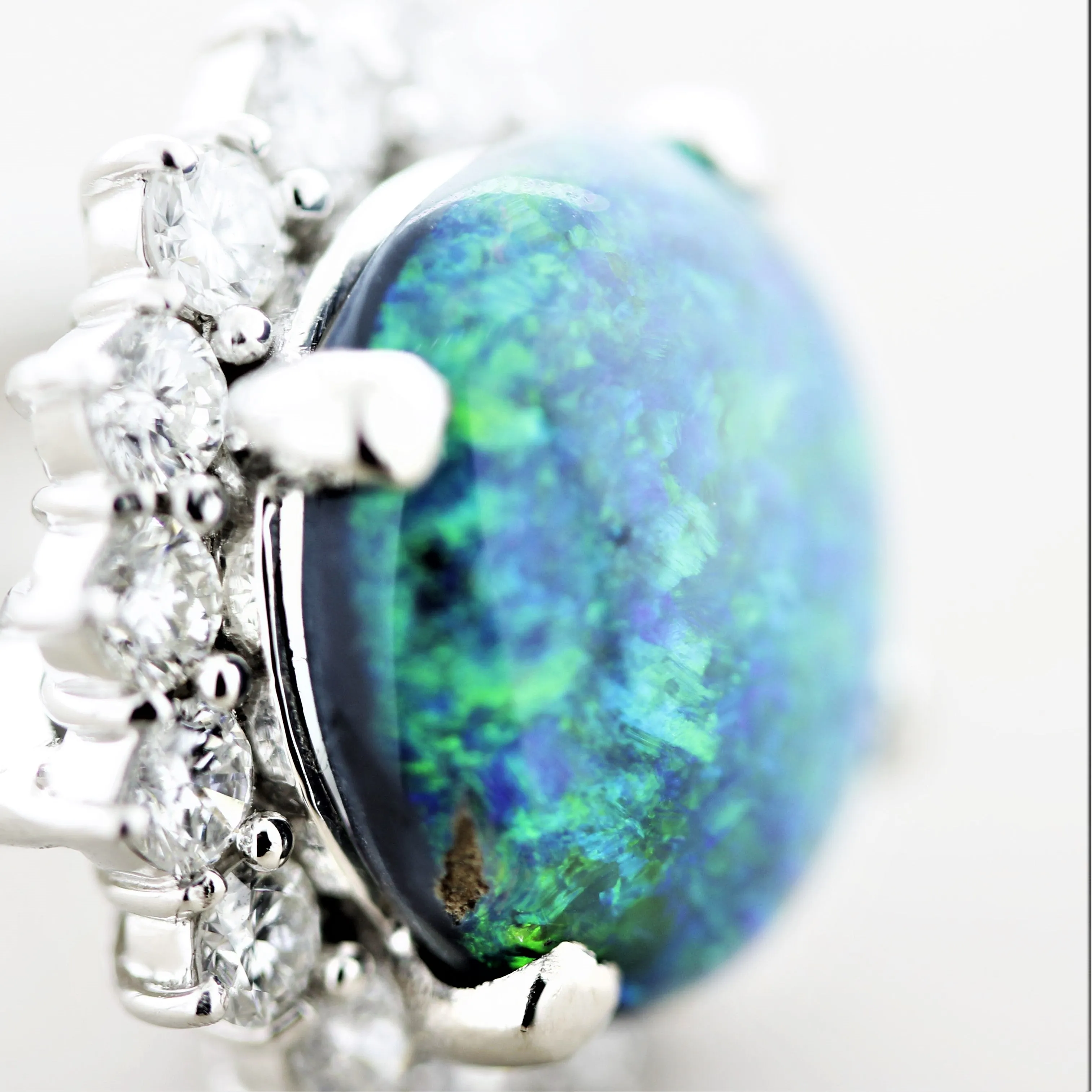 Blue-Green Australian Opal Diamond Halo Platinum Ring