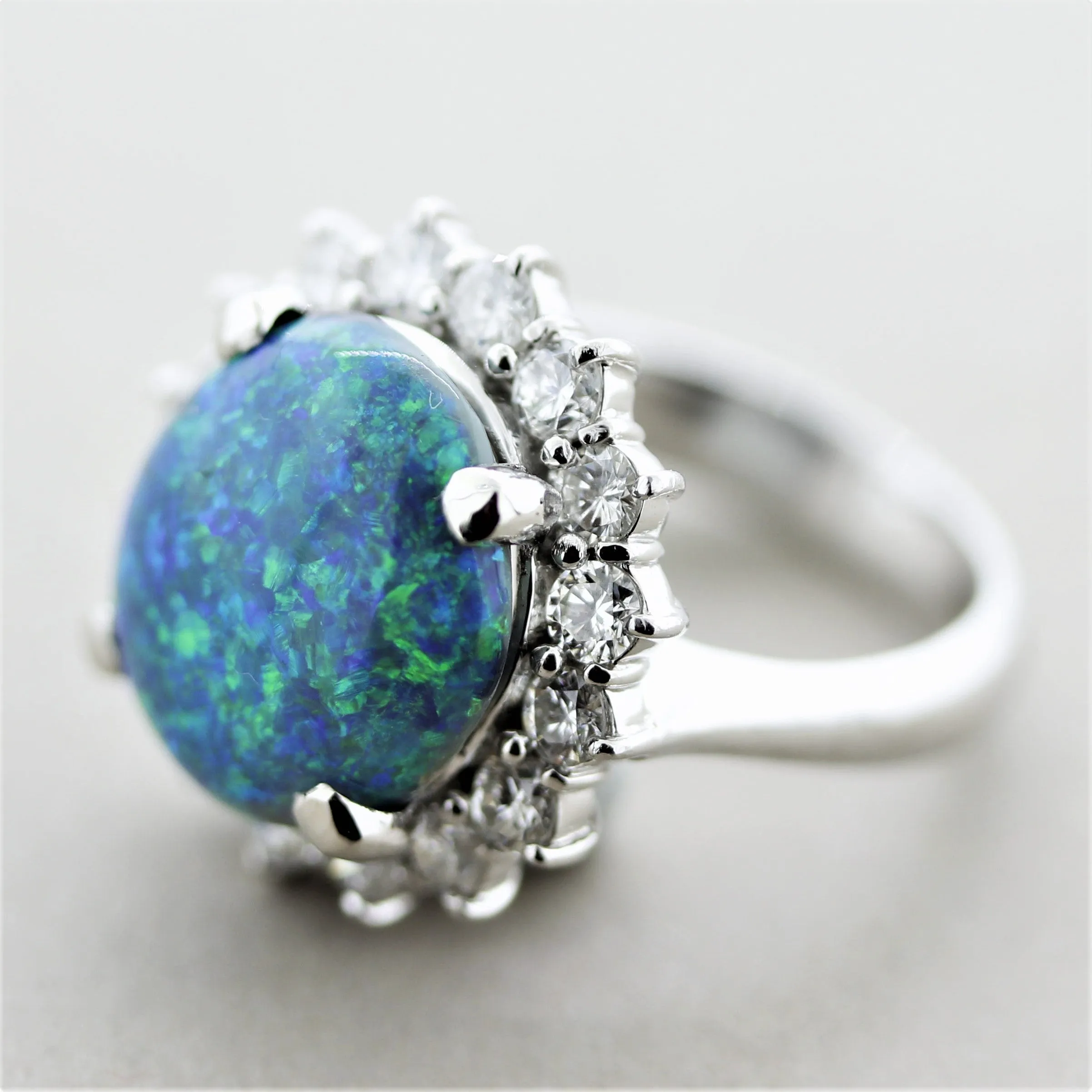 Blue-Green Australian Opal Diamond Halo Platinum Ring