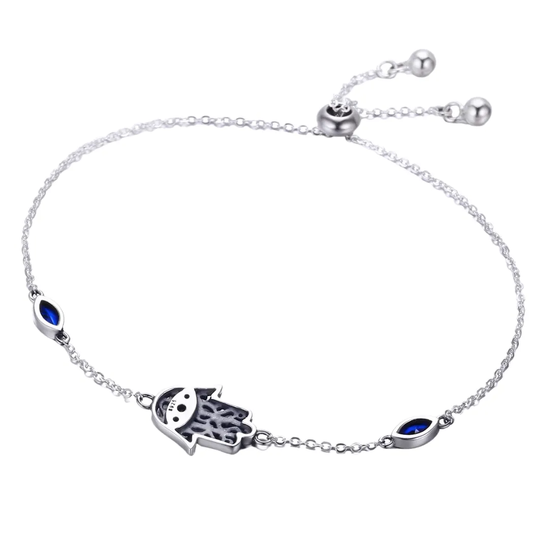 Blue Hamsa Bolo Bracelet Sterling Silver