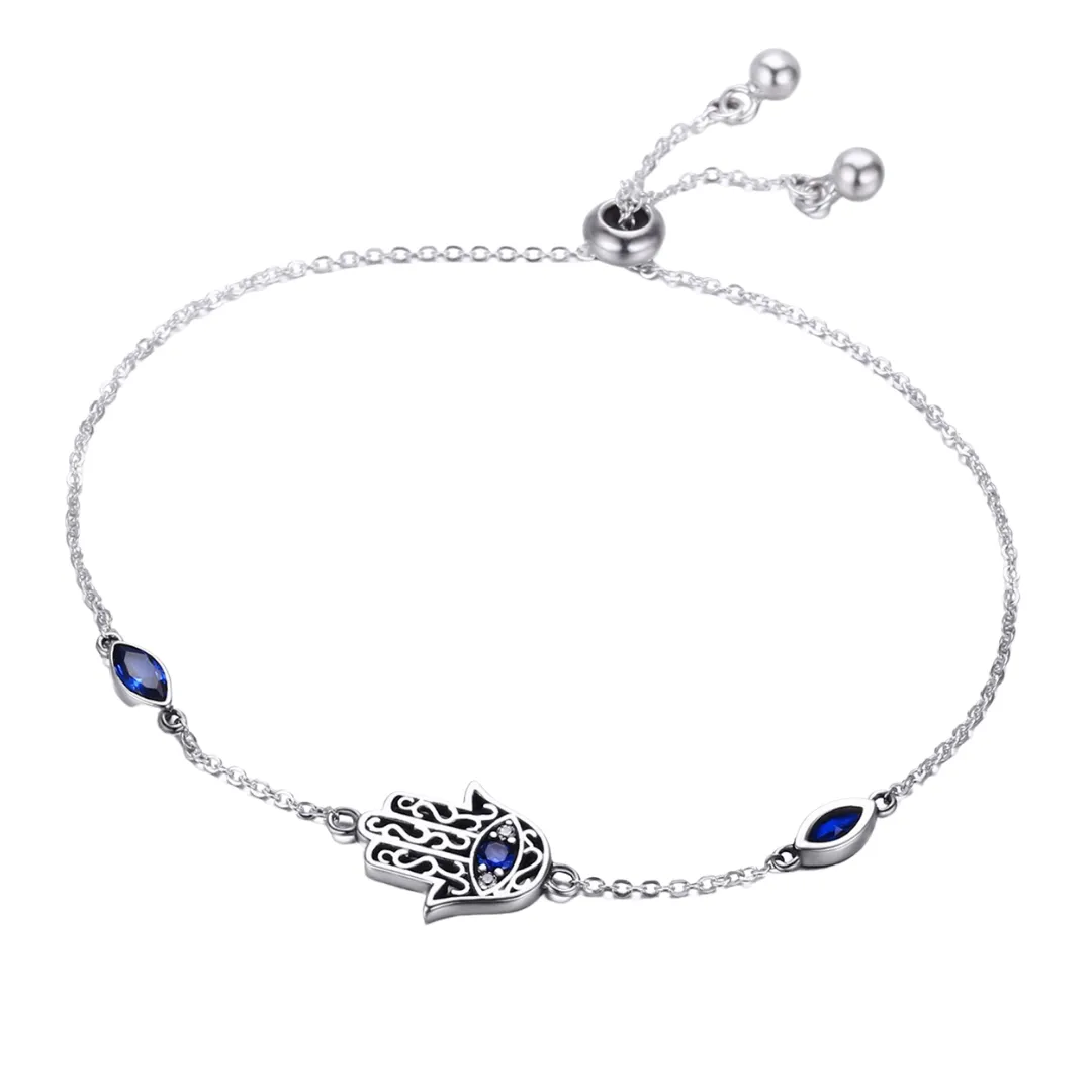 Blue Hamsa Bolo Bracelet Sterling Silver