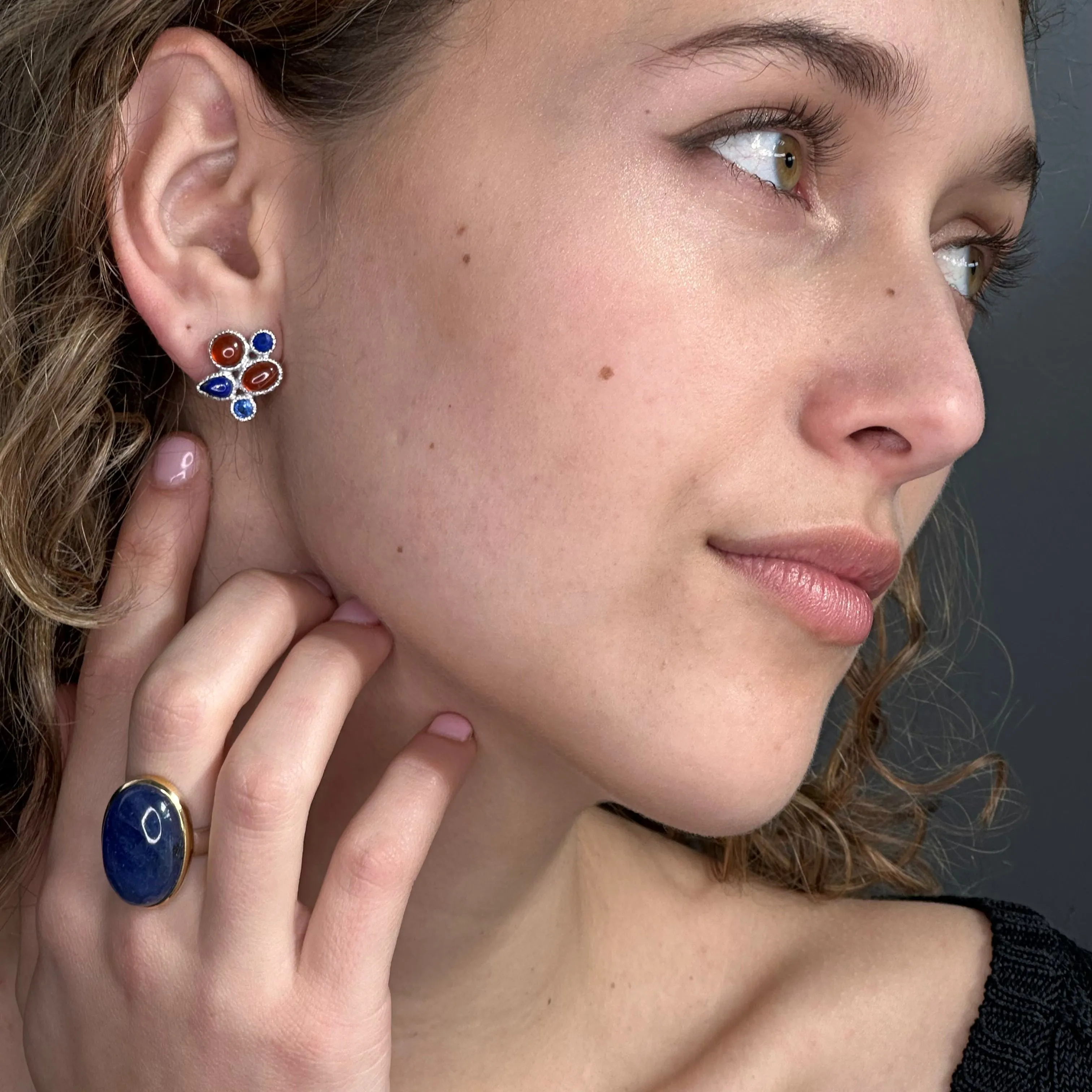 Blue Sapphire, Lapis, Madeira Citrine Silver Post Earrings