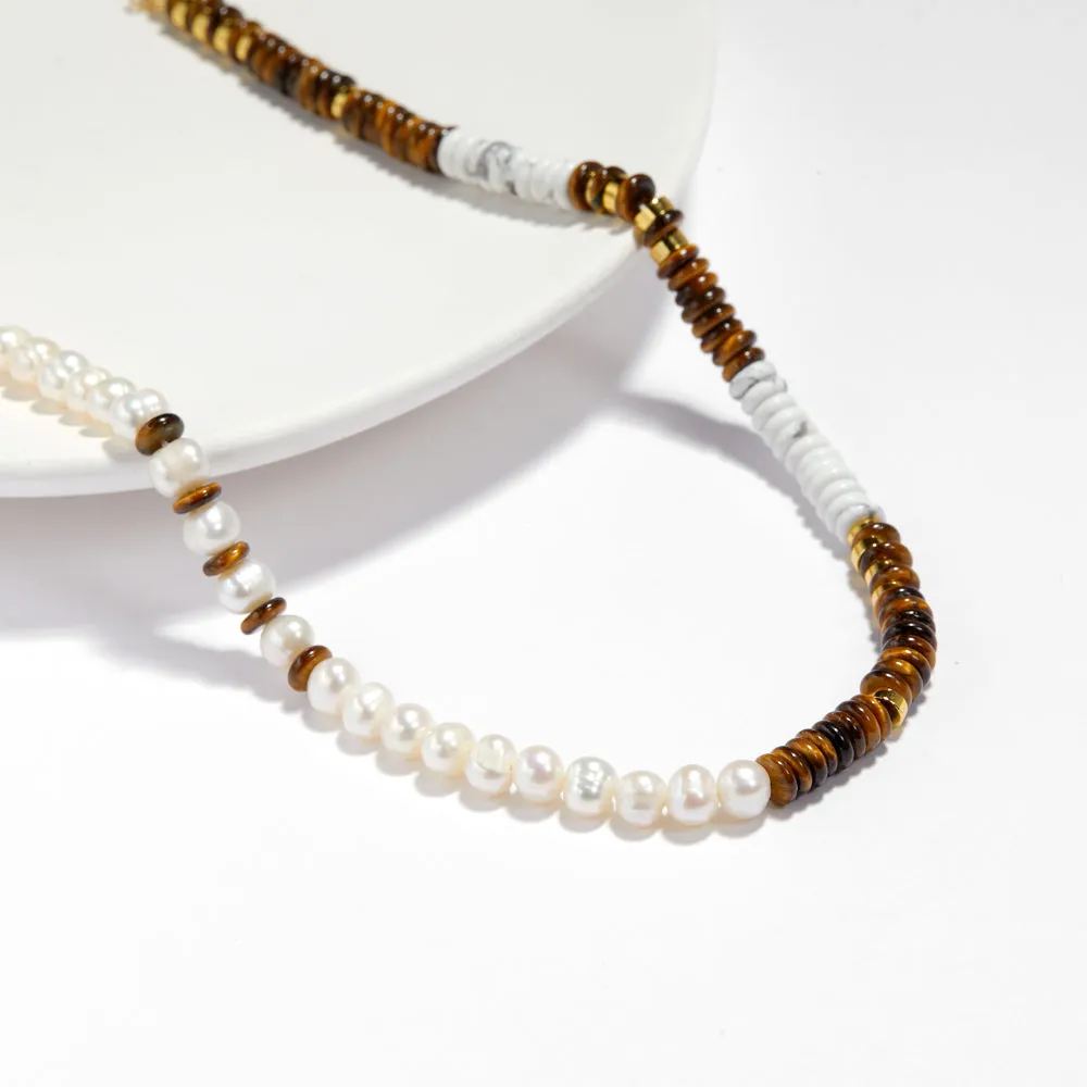 Boho Beaded Choker Necklace Natural Tiger Eye & Freshwater Pearl Surfer Necklace