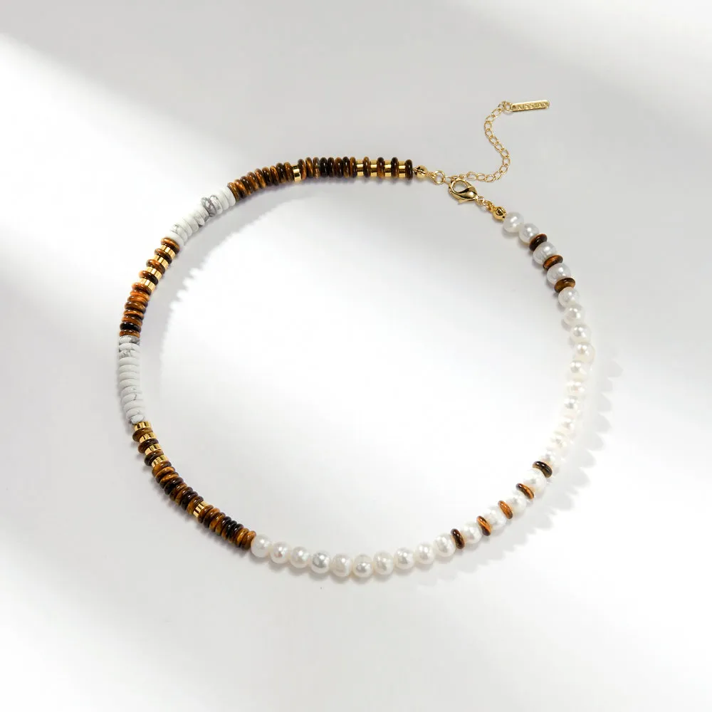 Boho Beaded Choker Necklace Natural Tiger Eye & Freshwater Pearl Surfer Necklace