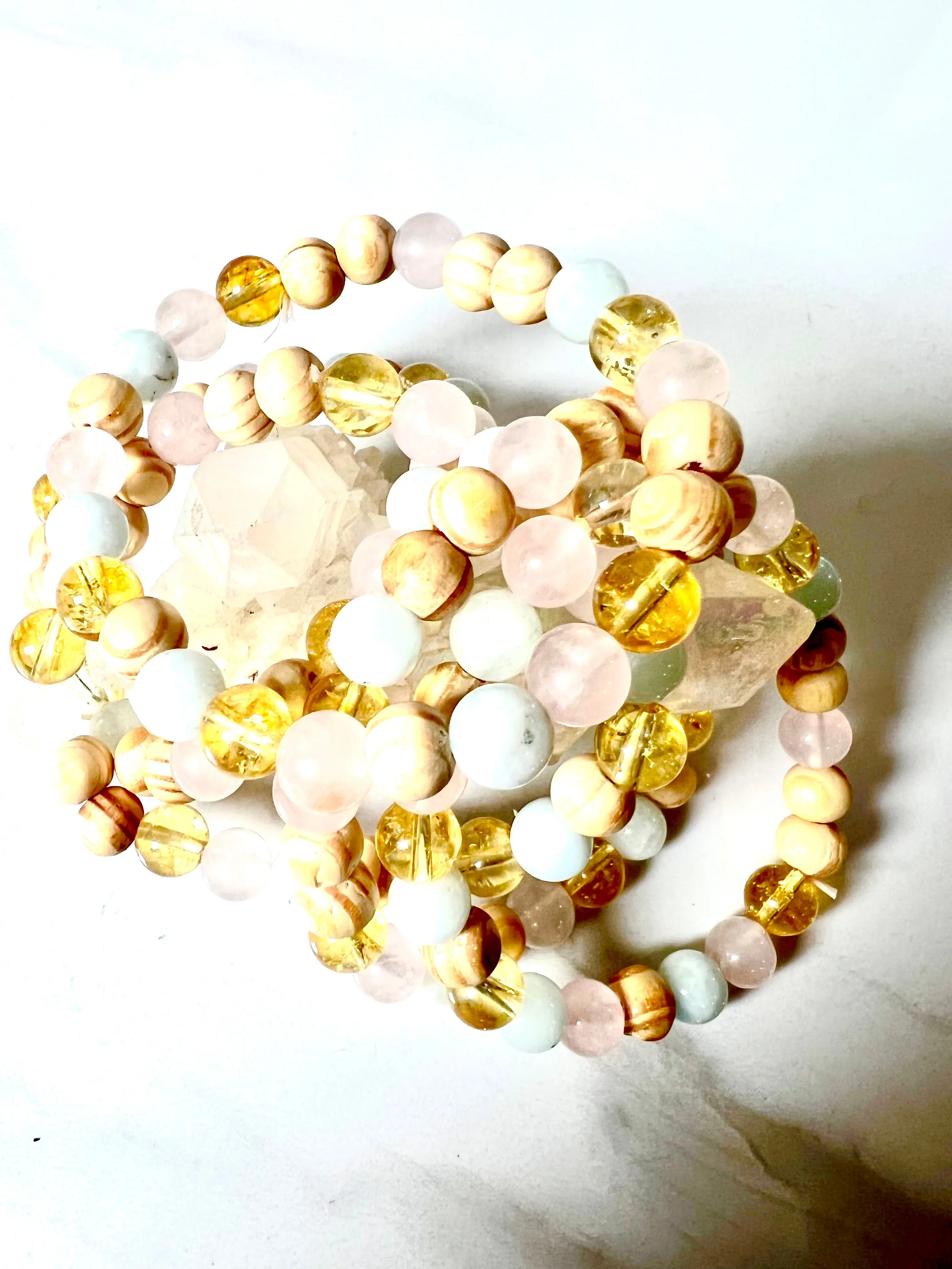 Bracelet Rose Quartz, Aquamarine, Citrine and Pine Wood