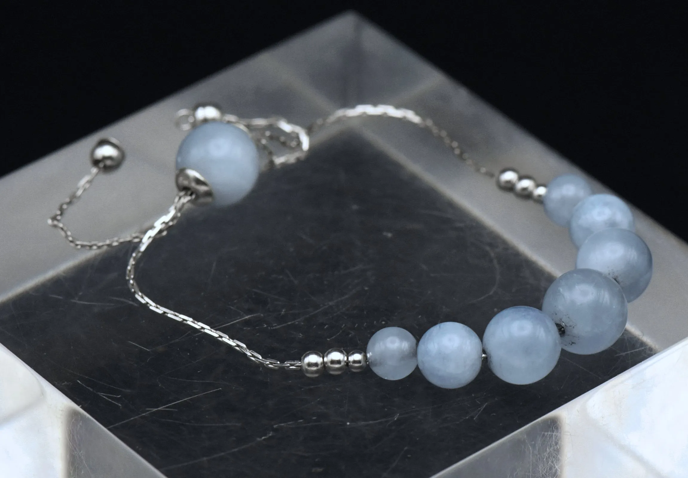 Cat's Eye Aquamarine Beaded Sterling Silver Adjustable Lariat Bracelet