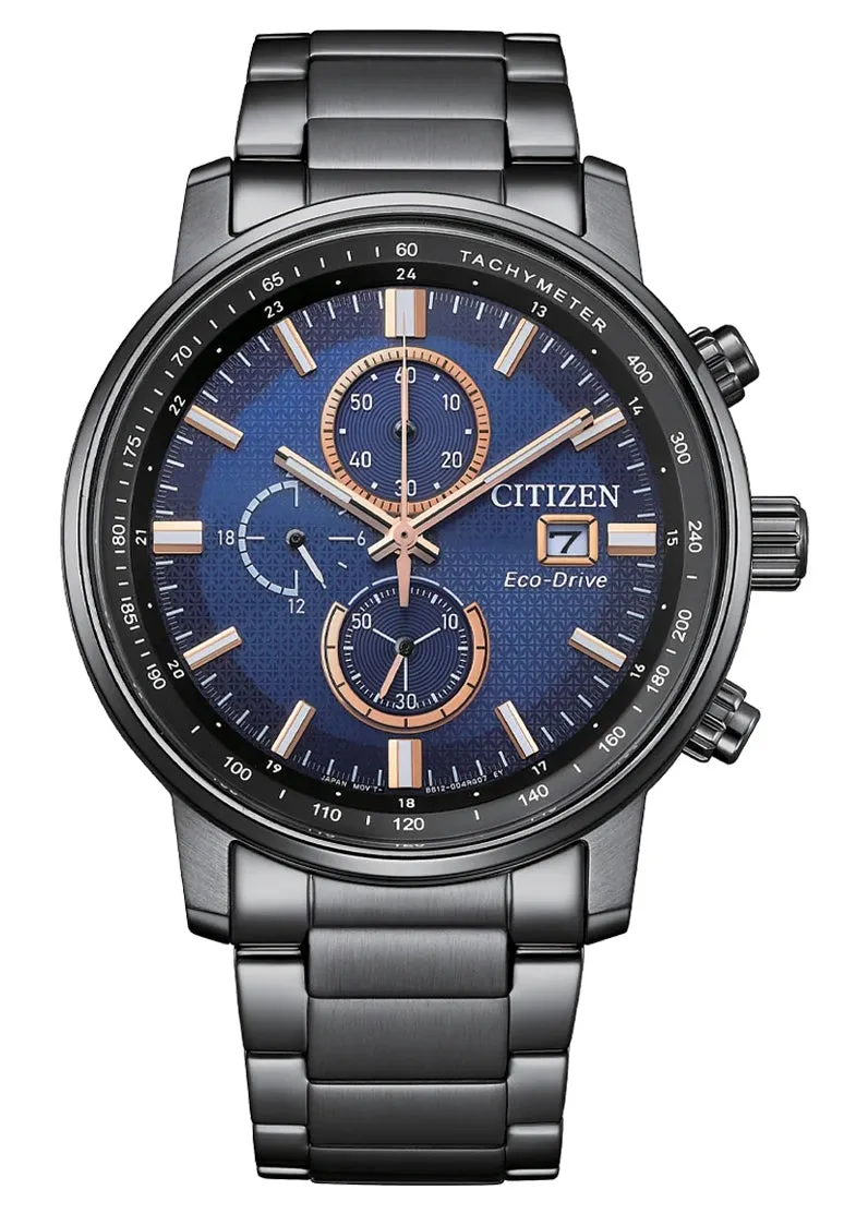 CITIZEN GENTS ECO-DRIVE CHRONOGRAPH BLUE DIAL BLACK BRACELET CA0845-83L