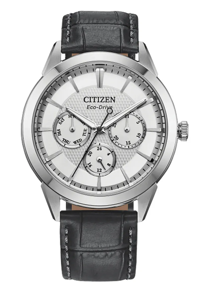 CITIZEN GENTS ECO-DRIVE SILVER DIAL GREY LEATHER BAND BU2110-01A