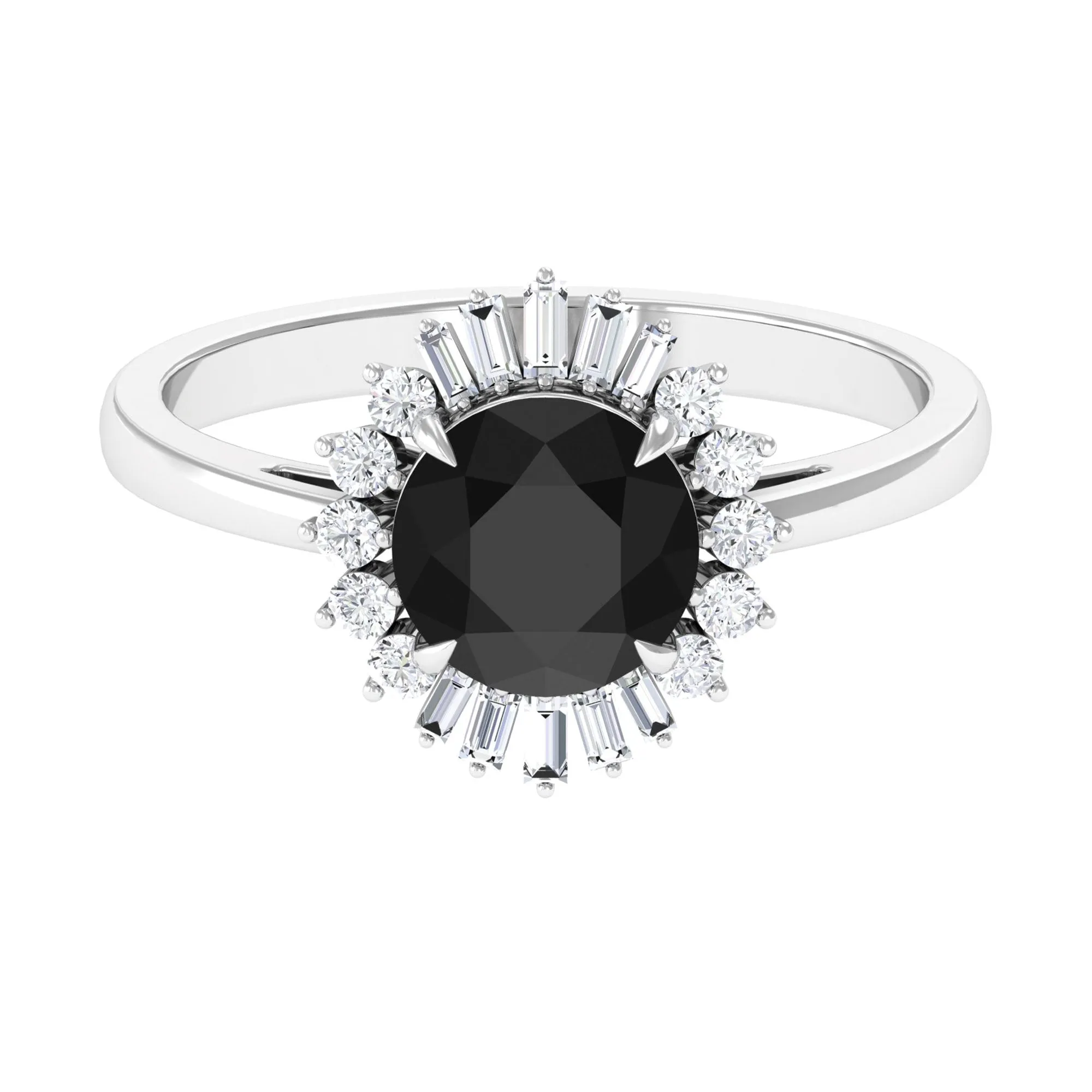 Claw Set Black Onyx Cocktail Engagement Ring with Diamond Halo