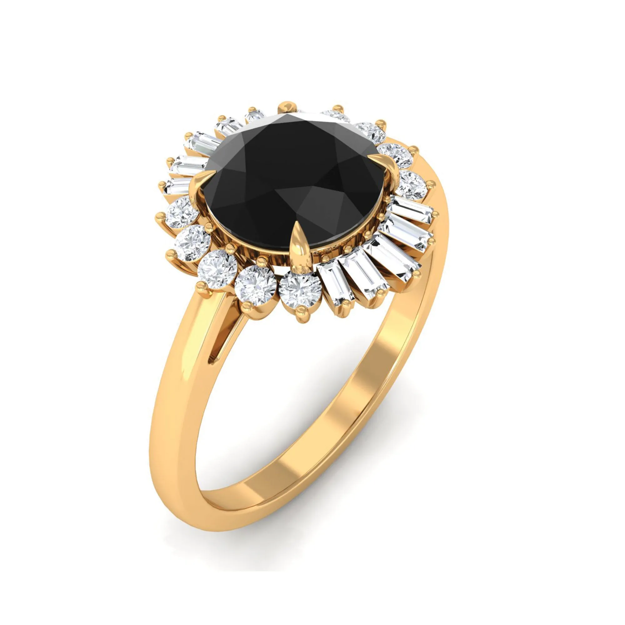 Claw Set Black Onyx Cocktail Engagement Ring with Diamond Halo