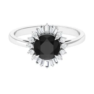 Claw Set Black Onyx Cocktail Engagement Ring with Diamond Halo