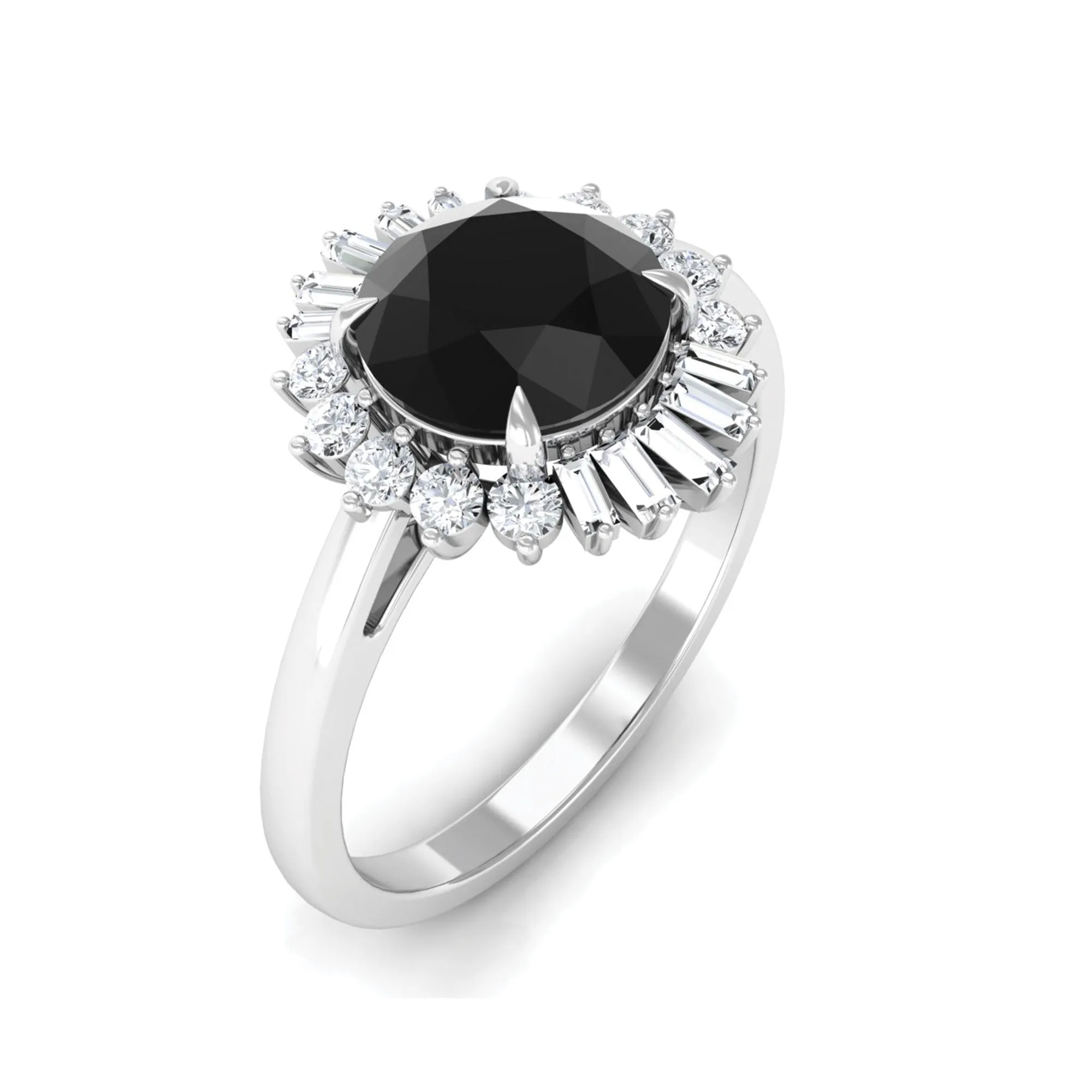 Claw Set Black Onyx Cocktail Engagement Ring with Diamond Halo