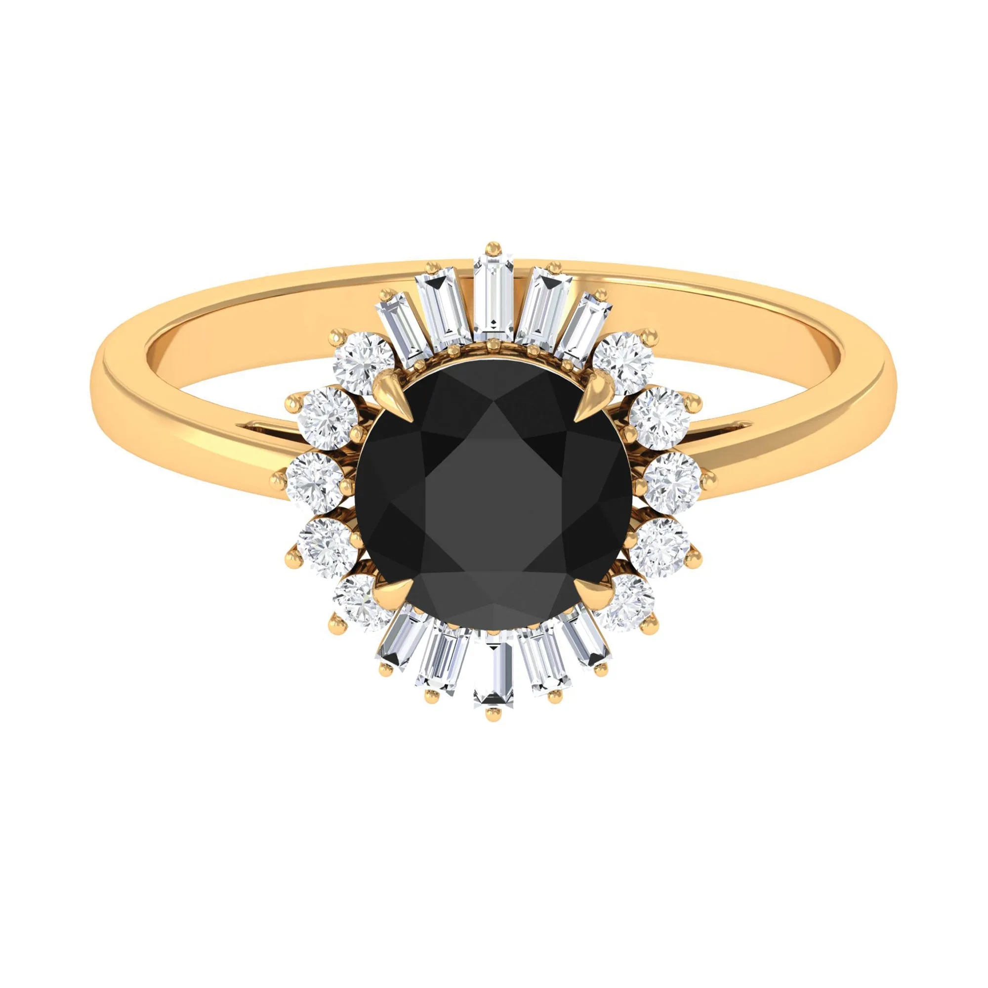 Claw Set Black Onyx Cocktail Engagement Ring with Diamond Halo