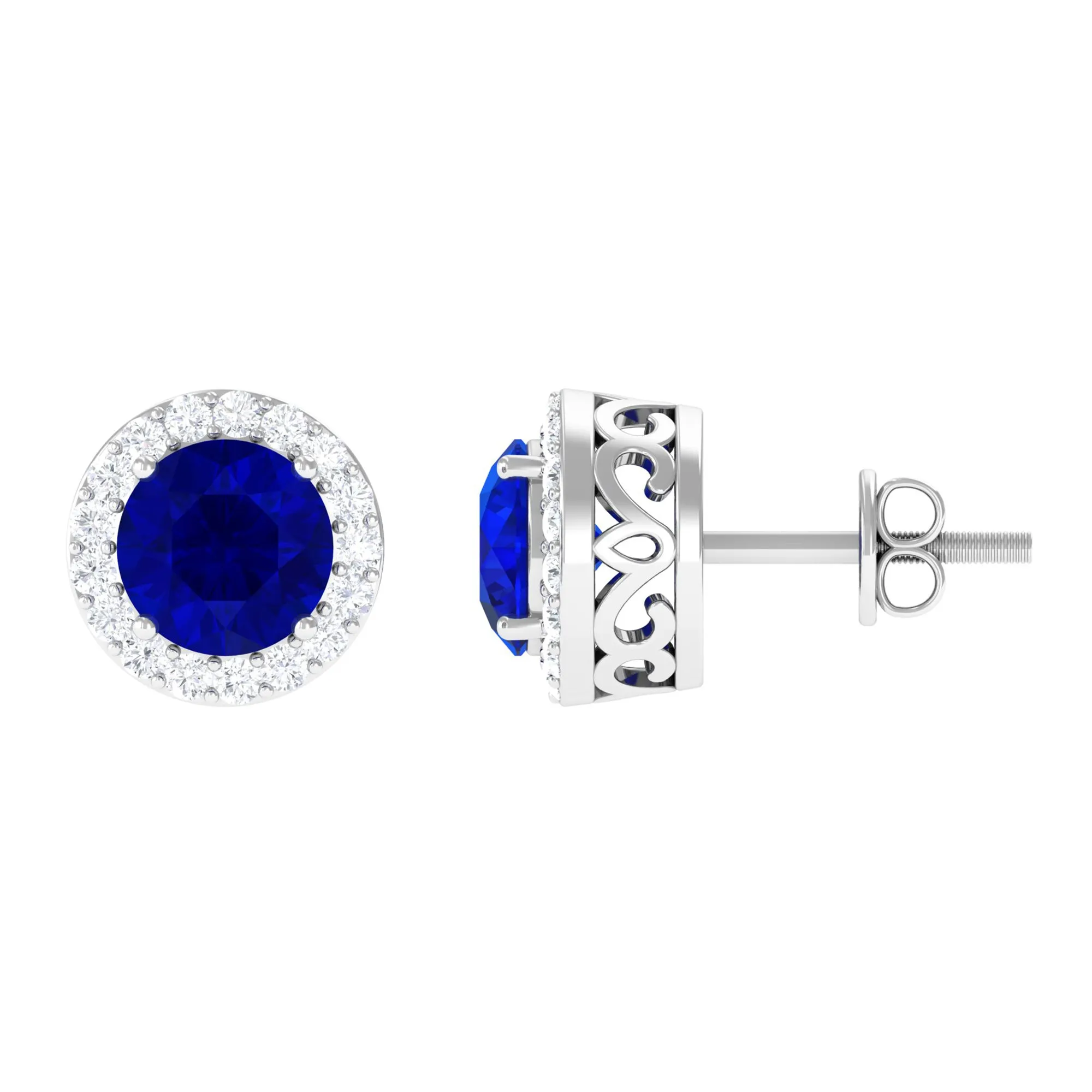 Created Blue Sapphire and Diamond Classic Halo Stud Earrings