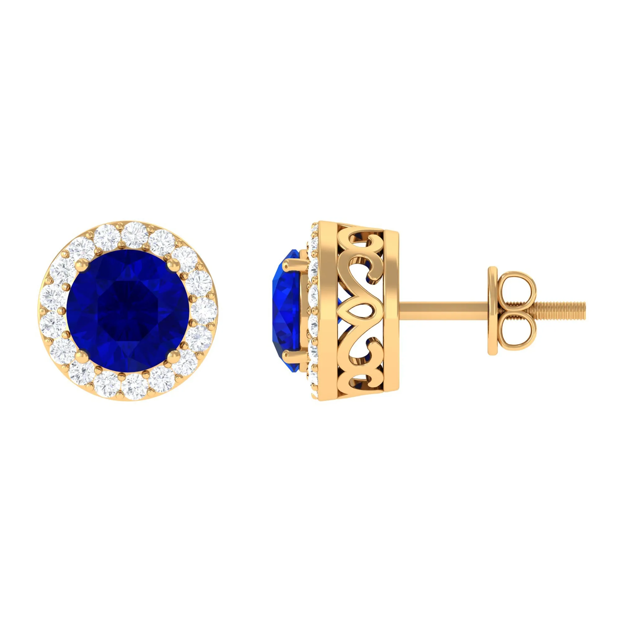 Created Blue Sapphire and Diamond Classic Halo Stud Earrings