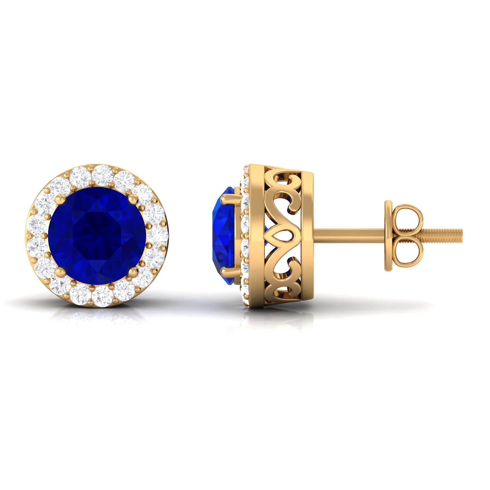 Created Blue Sapphire and Diamond Classic Halo Stud Earrings