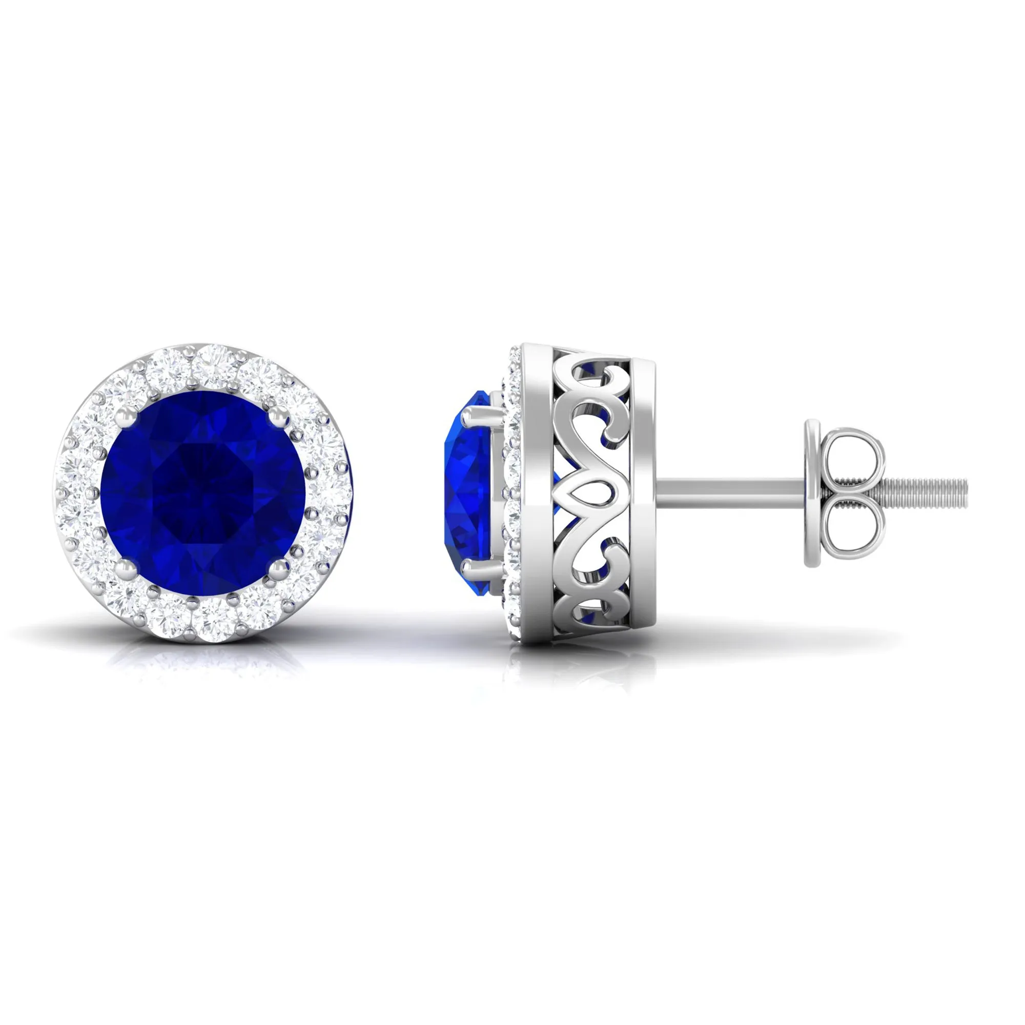 Created Blue Sapphire and Diamond Classic Halo Stud Earrings