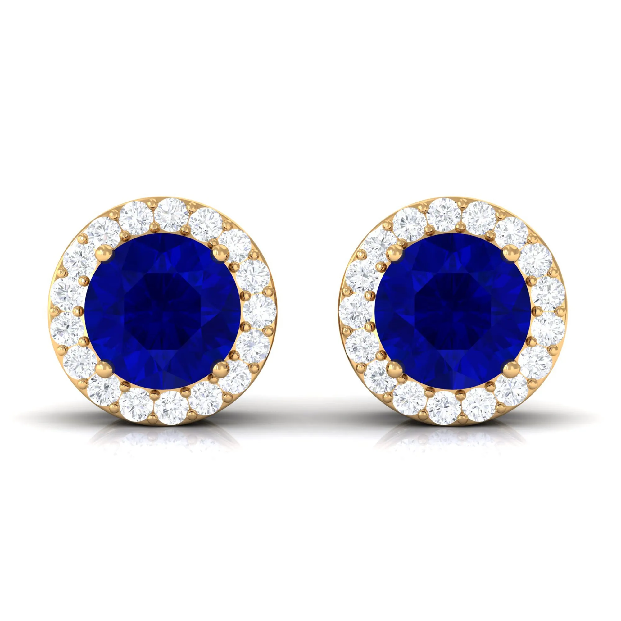 Created Blue Sapphire and Diamond Classic Halo Stud Earrings