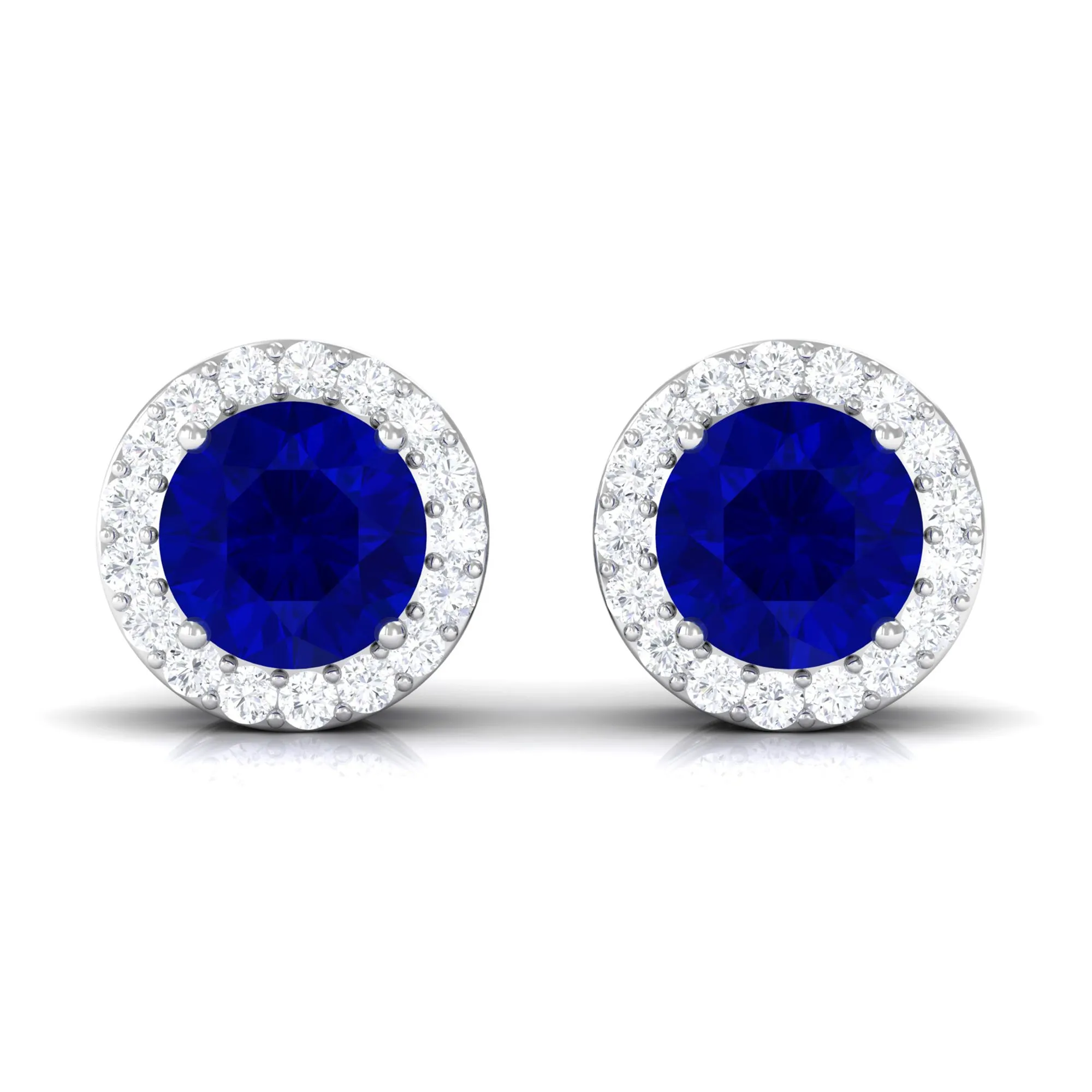 Created Blue Sapphire and Diamond Classic Halo Stud Earrings