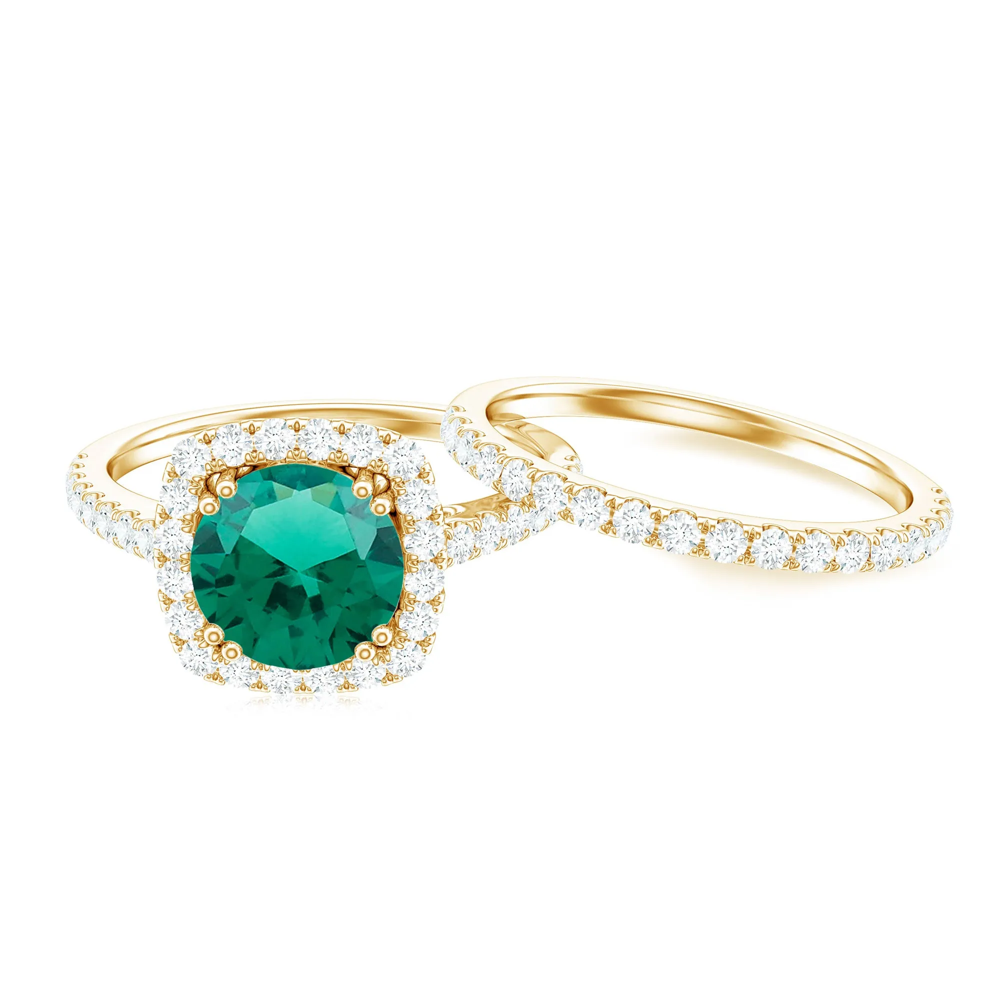 Created Emerald Halo Wedding Ring Set with Moissanite